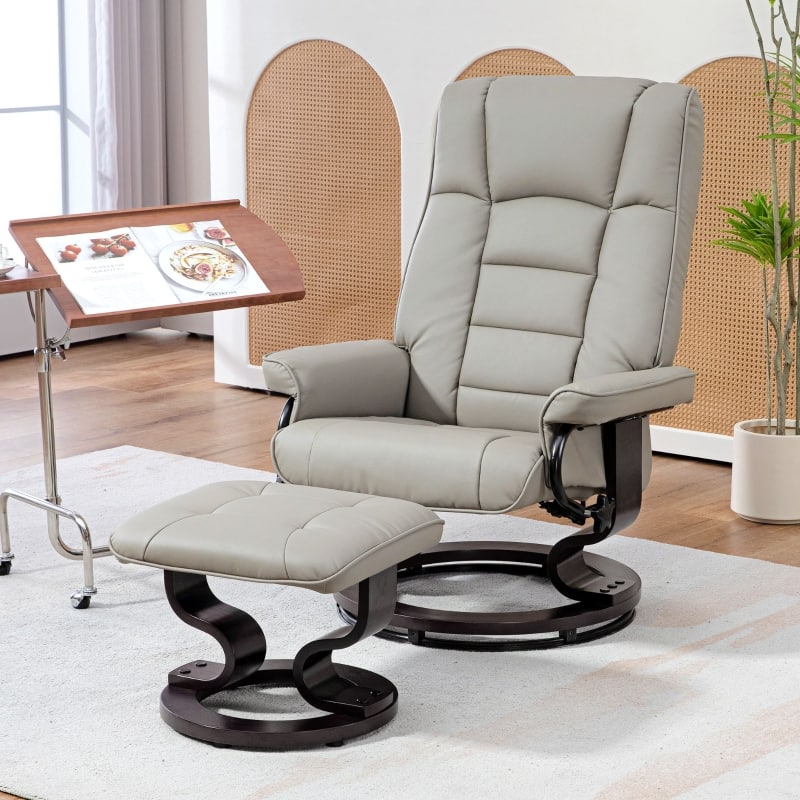 Anysun - Faux Leather All Padded Design Swivel Recliner Chair with Wood Base and Ottoman - Gray