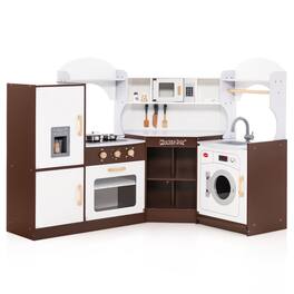Costway - Corner Play Kitchen with Ice Maker Microwave Oven for Kids 3+ Years Old Wooden Toy - Brown