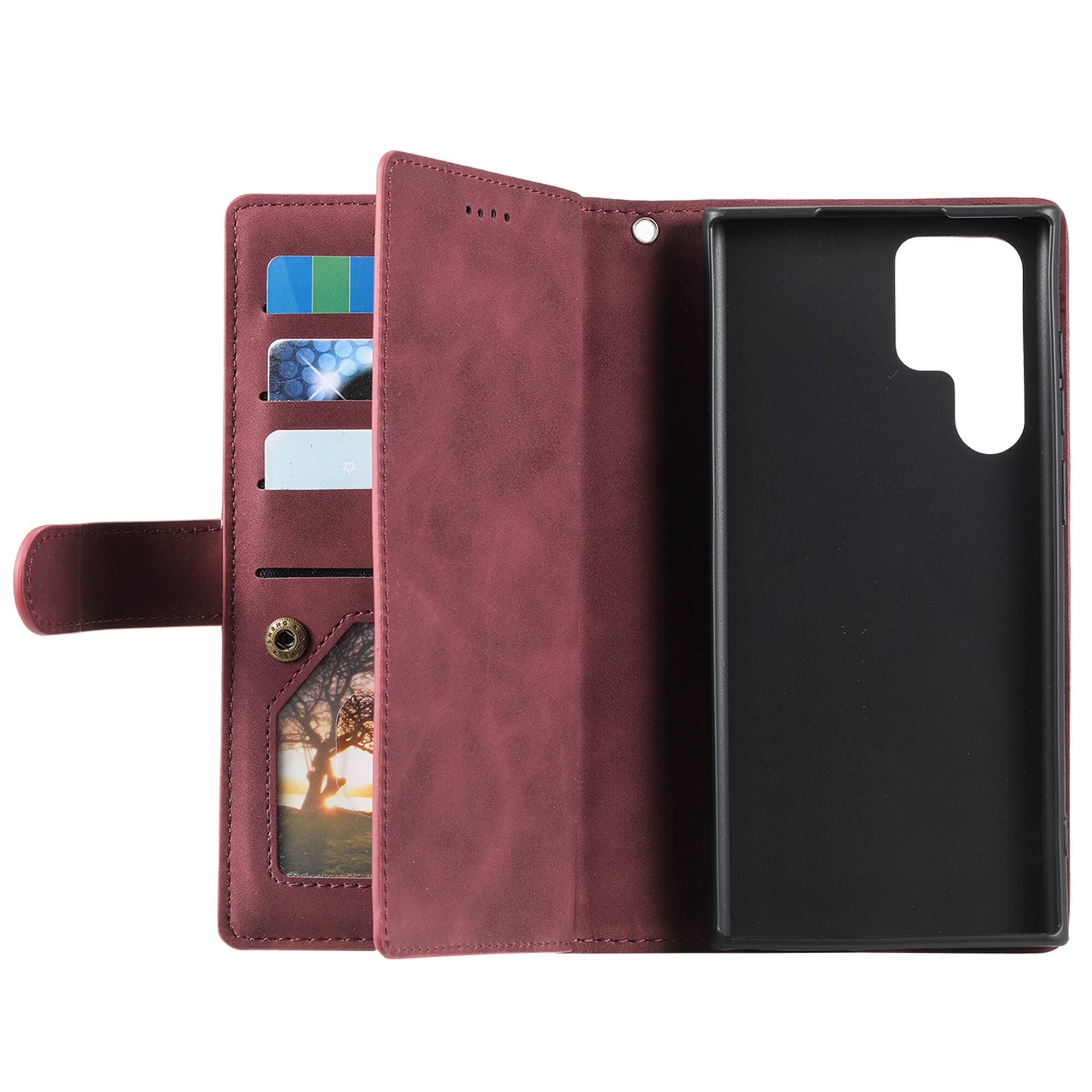 Back. Dteck - Multi-Functional Wallet Case for Samsung Galaxy S26, 9 Card Slots Zipper Pocket Stand Premium Leather Cover+Strap - Winered.