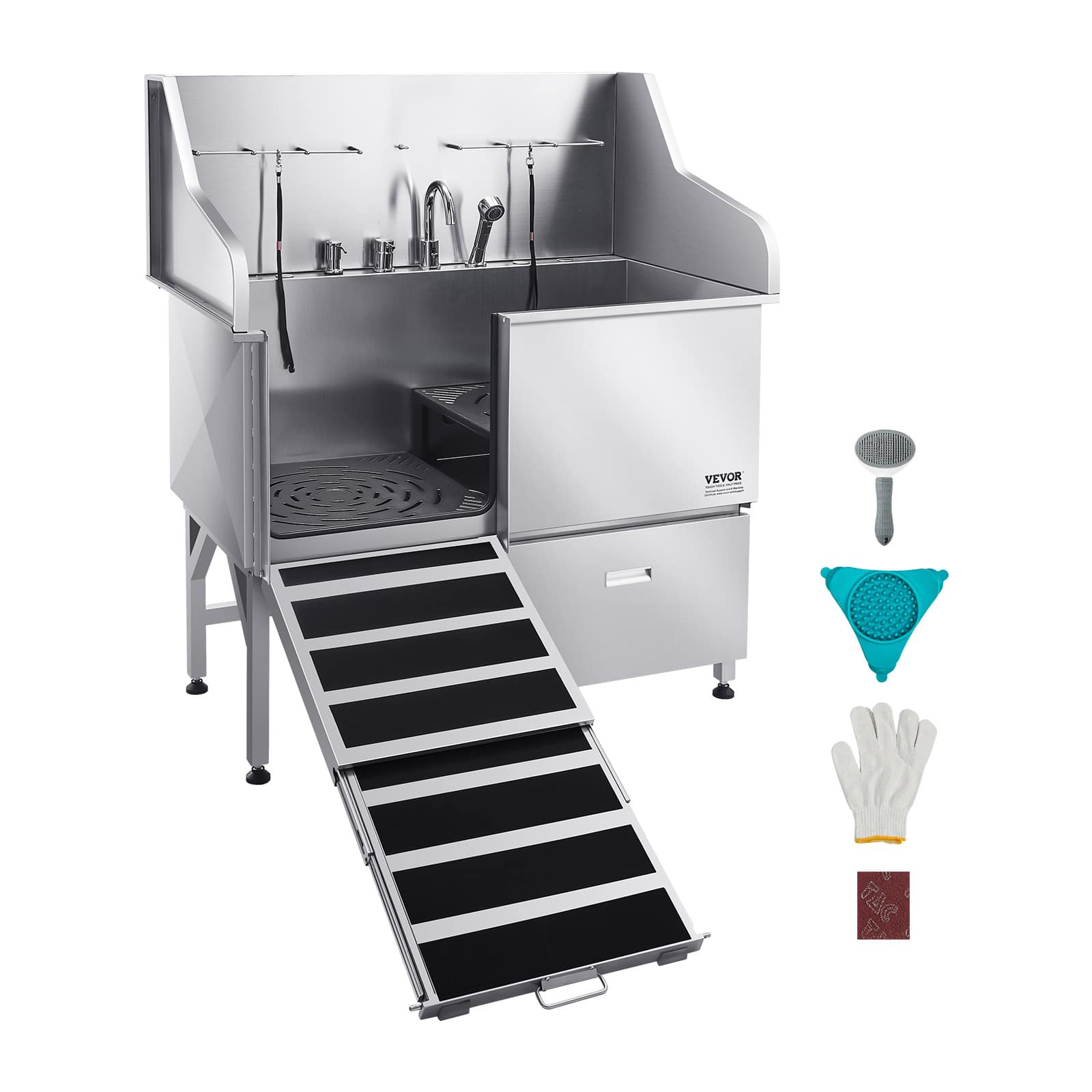 VEVOR - Stainless Steel Dog Washing Station, 50 inch Pet Grooming Tub w/ Ramp, Faucet & Showerhead