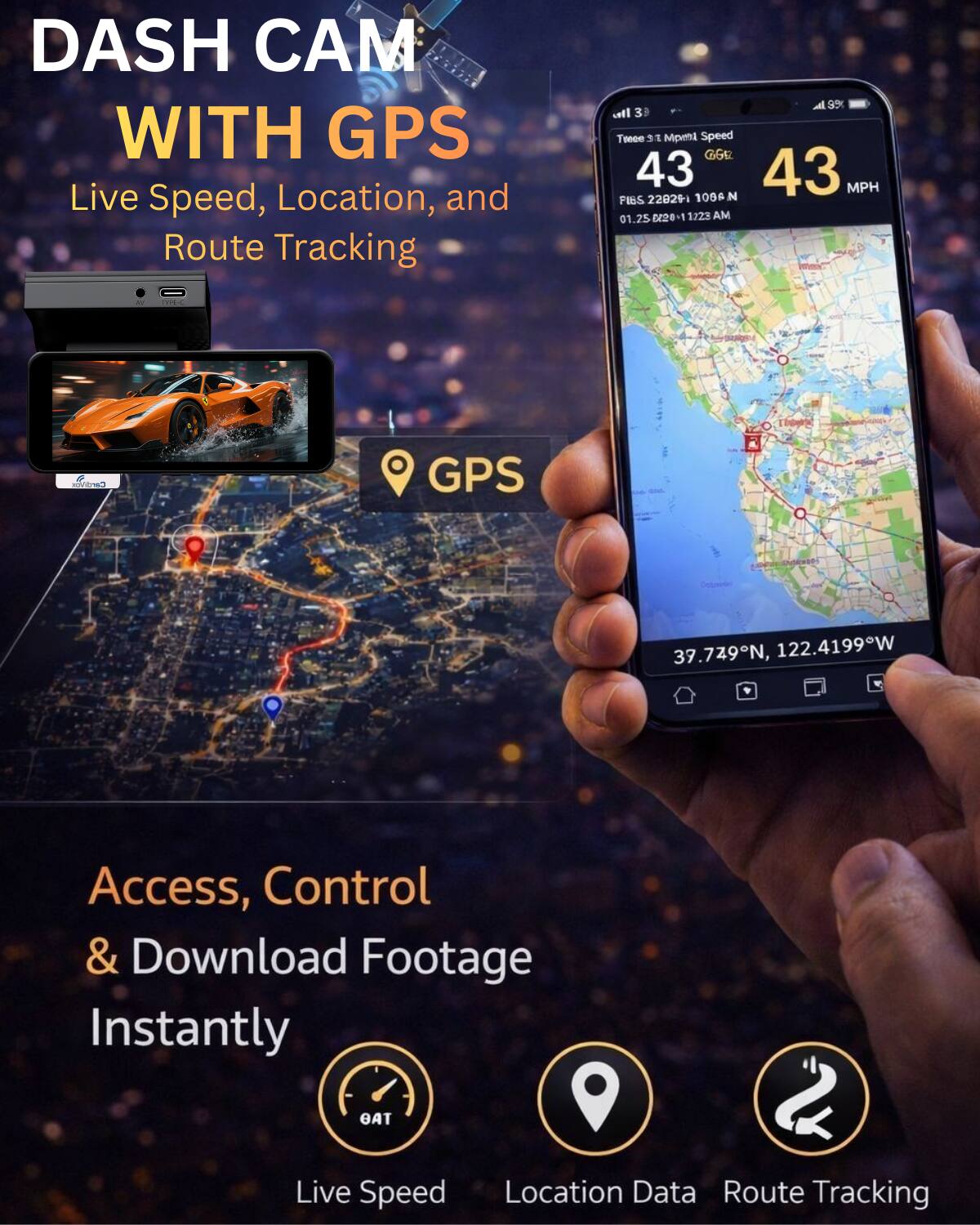 DASH CAM WITH GPS  
Live Speed, Location, and Route Tracking  

Access, Control & Download Footage Instantly  

Live Speed  
Location Data  
Route Tracking  

GPS  

37.729°N, 122.4199°W