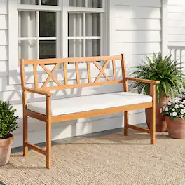 Gymax - 2-Person Patio Acacia Wood Garden Chair w/ Removable Seat Cushion Armrests Natural - White