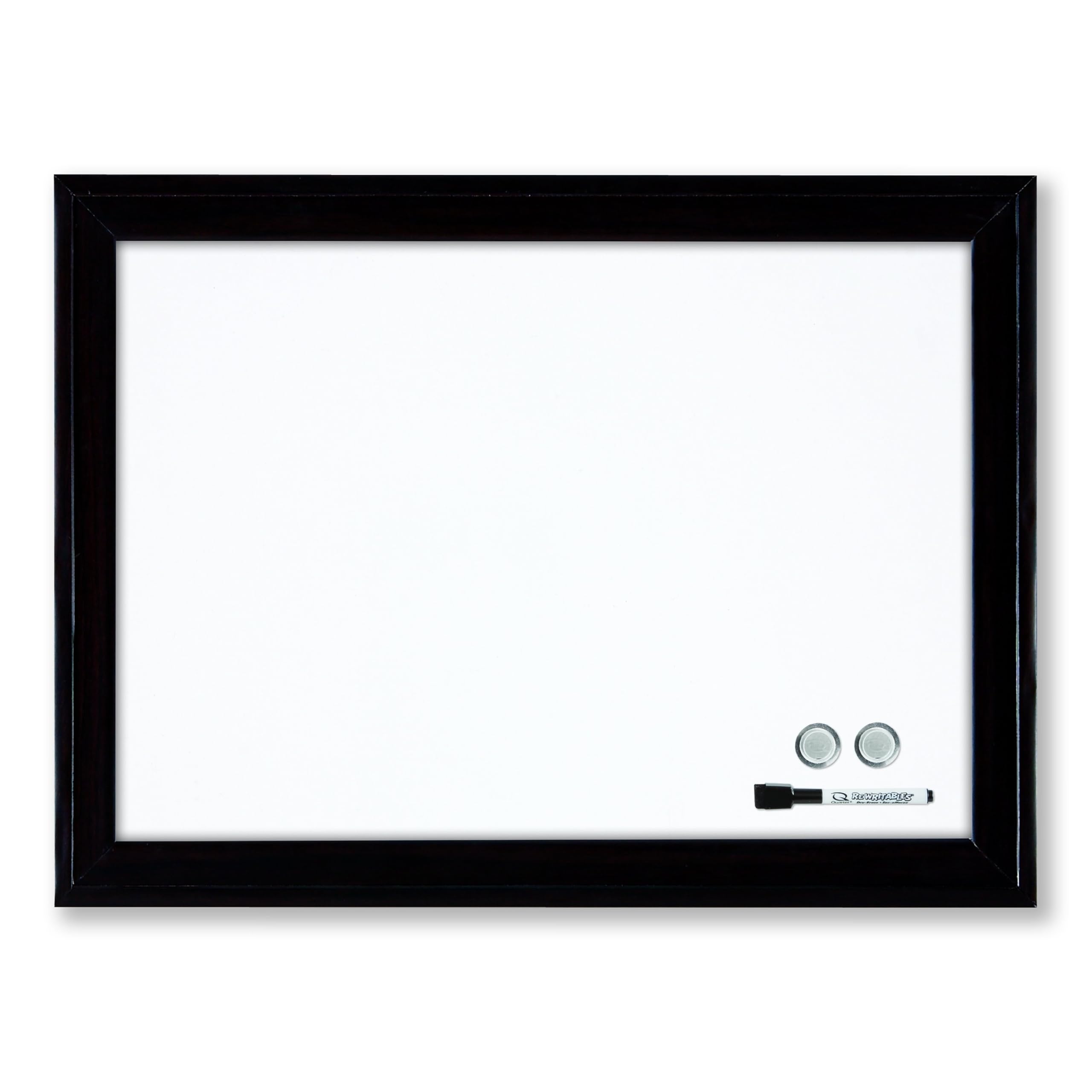 Angle. Quartet - Home Decor Magnetic Dry Erase Board, 23" x 17", White Surface, Black Wood Frame.