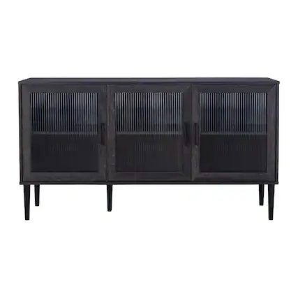 Front. CorLiving - CorLiving Ethan Engineered Wood Sideboard with 3 Fluted Glass Doors and 4 Internal Shelves - Distressed Dark Grey.