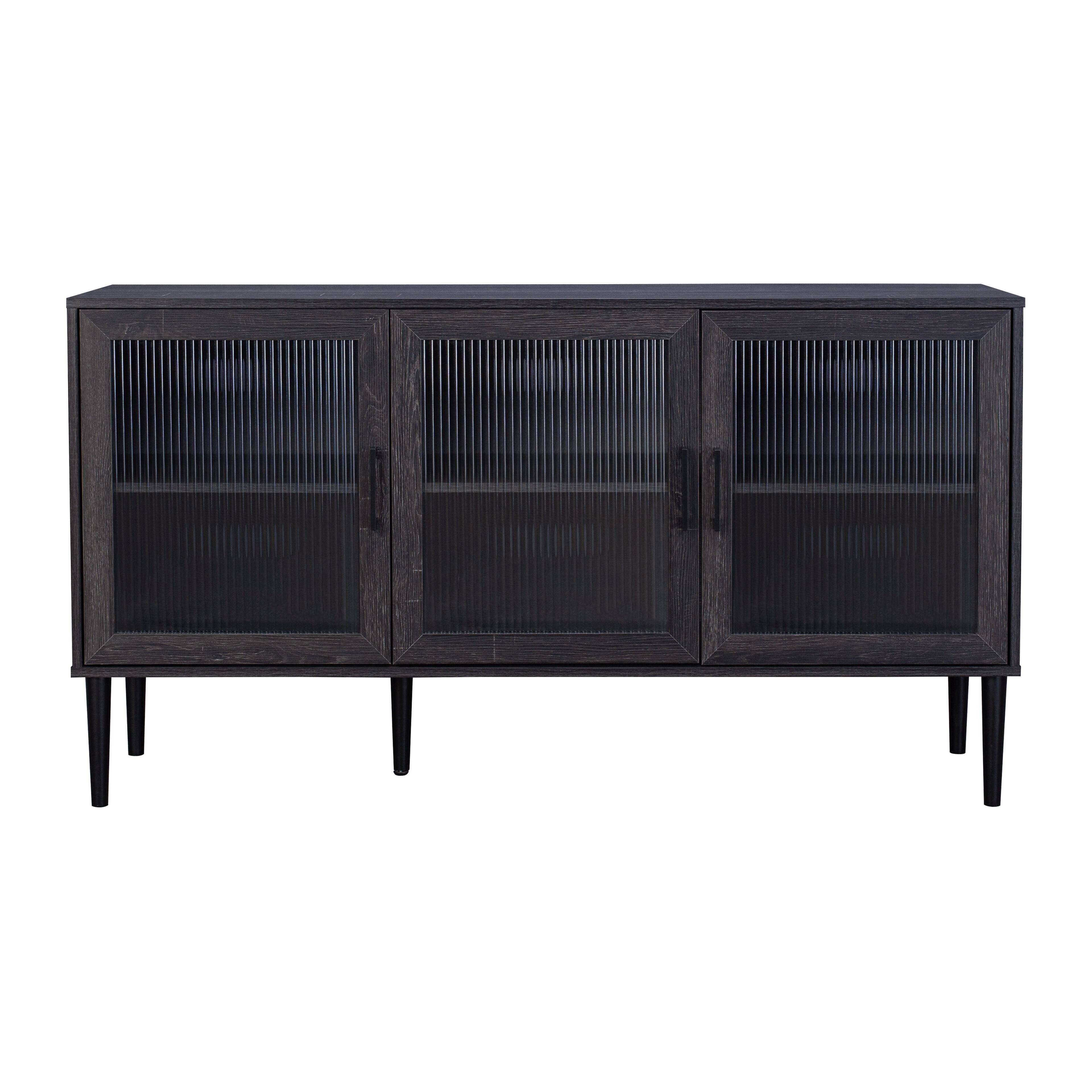Front. CorLiving - CorLiving Ethan Engineered Wood Sideboard with 3 Fluted Glass Doors and 4 Internal Shelves - Distressed Dark Grey.