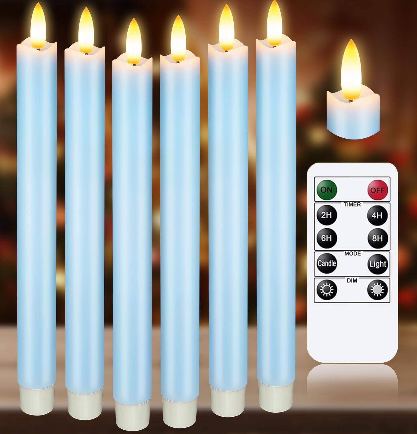 Fabibe - Upgraded Real Wax Short Led Taper Candles With Remote 6 Candlesticks Operated 3d Flickering - 6" Realistic Candle S - A-Light Blue-6PC