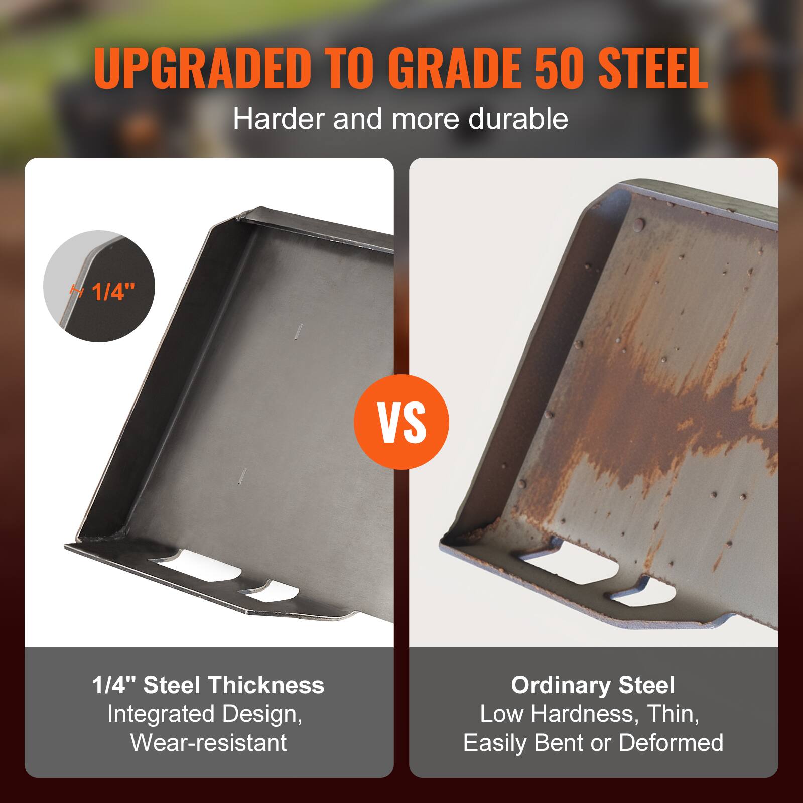 UPGRADED TO GRADE 50 STEEL  
Harder and more durable  

1/4" Steel Thickness  
Integrated Design, Wear-resistant  

VS  

Ordinary Steel  
Low Hardness, Thin, Easily Bent or Deformed