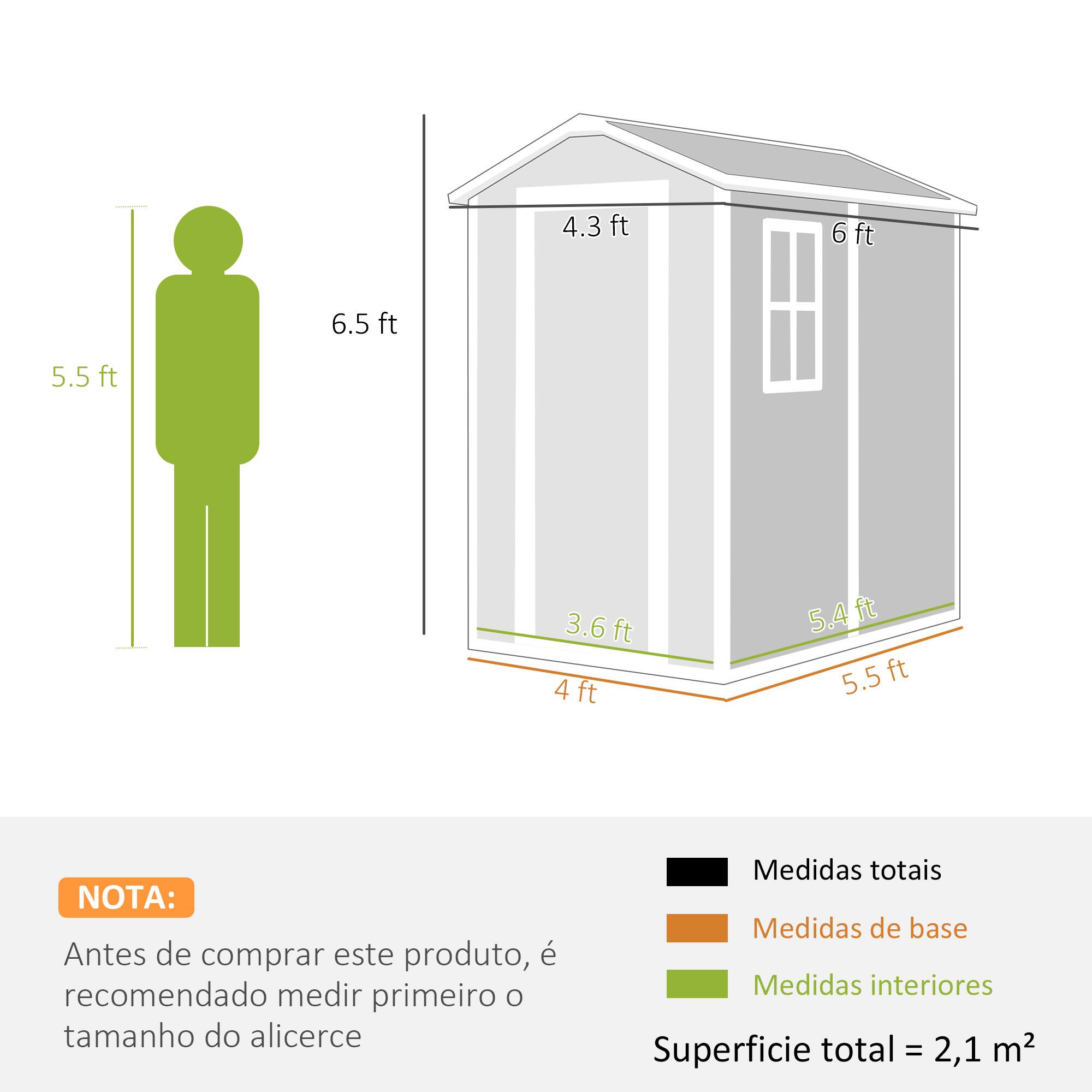 4.3 ft  
6 ft  
6.5 ft  
5.5 ft  
3.6 ft  
4 ft  
5.4 ft  
5.5 ft  

NOTA: Antes de comprar este produto, é recomendado medir primeiro o tamanho do alicerce  

Medidas totais  
Medidas de base  
Medidas interiores  

Superfície total = 2,1 m²