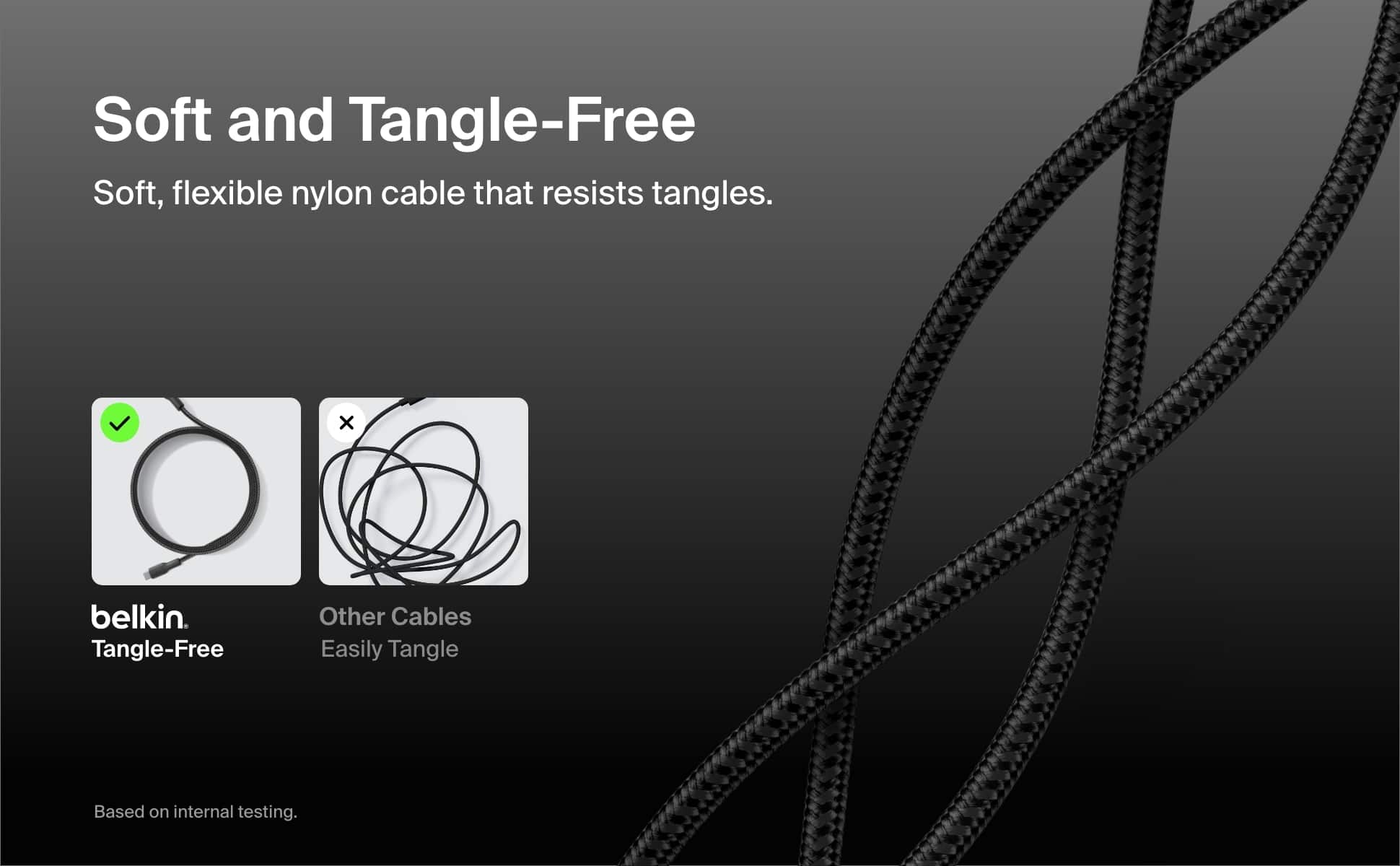 Soft and Tangle-Free: Soft, flexible nylon cable that resists tangles.