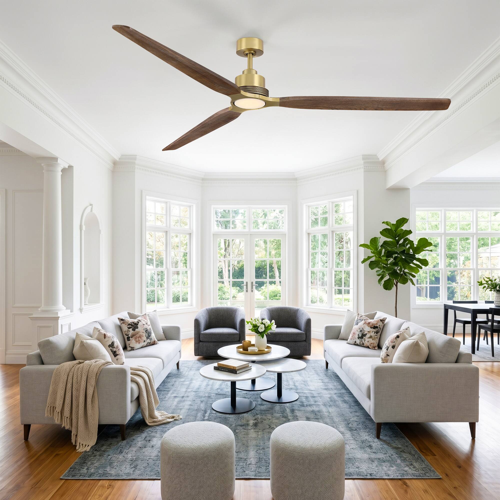 Angle. Parrot Uncle - 84" Vintage Solid Wood Large Ceiling Fan with Diammable LED Light and Remote - Brass.