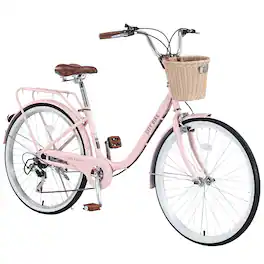TinyHomie - 7 Speed City Bike With Basket Steel Frame Multiple Colors 26 Inch Girls Bicycle - Pink