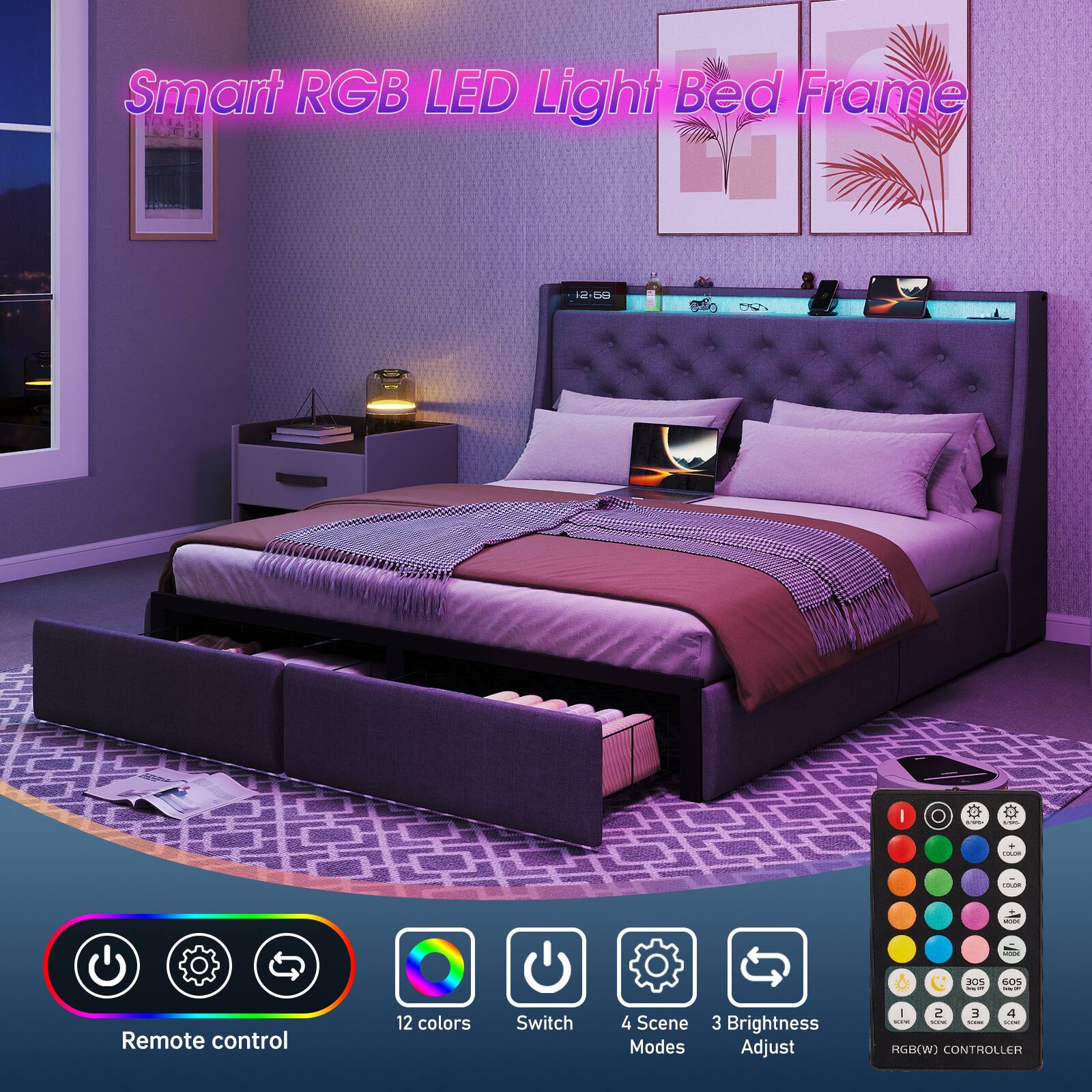 Smart RGB LED Light Bed Frame

- Remote control
- 12 colors
- Switch
- 4 Scene Modes
- 3 Brightness Adjust

RGB(W) CONTROLLER