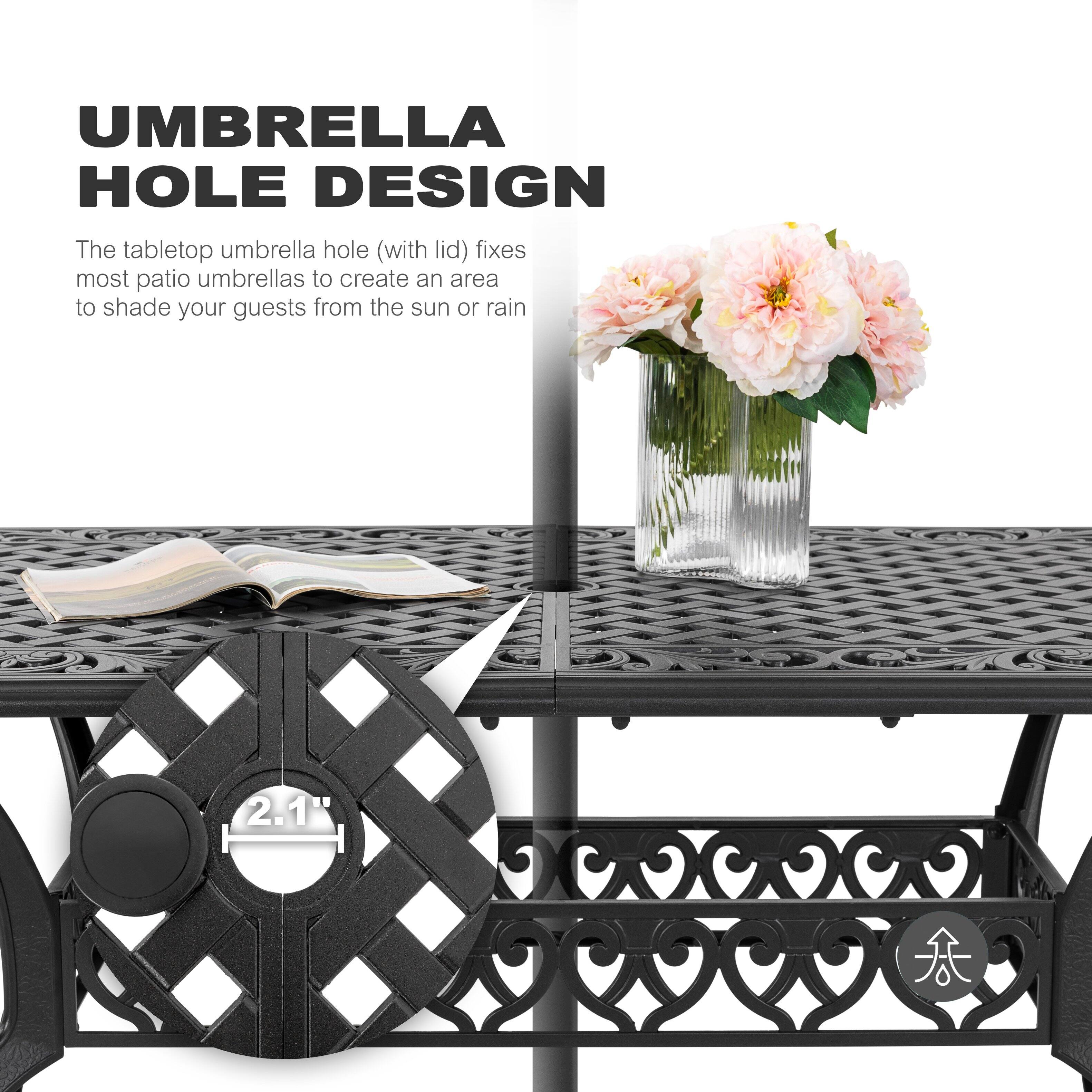 UMBRELLA HOLE DESIGN

The tabletop umbrella hole (with lid) fixes most patio umbrellas to create an area to shade your guests from the sun or rain

2.1"