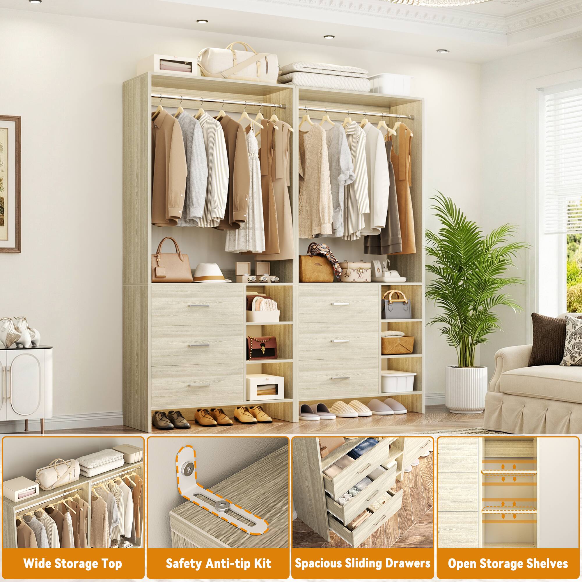 - Wide Storage Top
- Safety Anti-tip Kit
- Spacious Sliding Drawers
- Open Storage Shelves