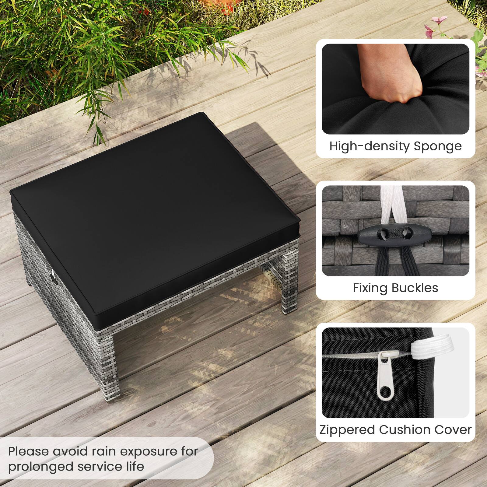 High-density Sponge  
Fixing Buckles  
Zippered Cushion Cover  

Please avoid rain exposure for prolonged service life