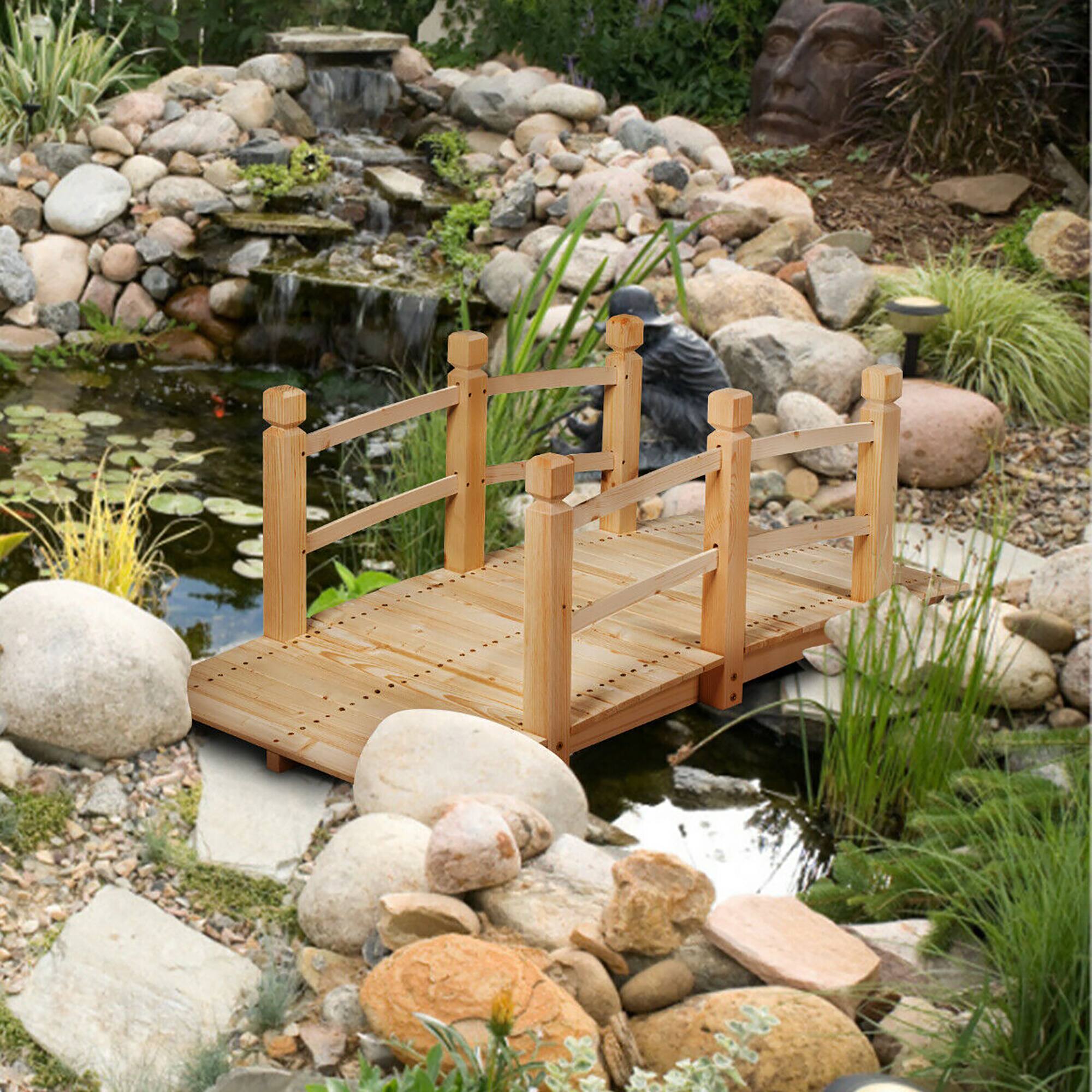 Alt View 3. Costway - 5' Wooden Garden Bridge Arc Stained Finish Footbridge Backyard Pond Decorative - Natural.