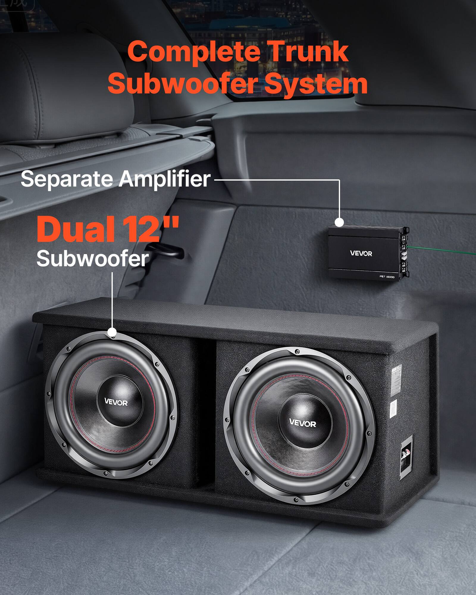 Complete Trunk Subwoofer System  
Separate Amplifier Dual 12" Subwoofer  
VEVOR PET-1000D