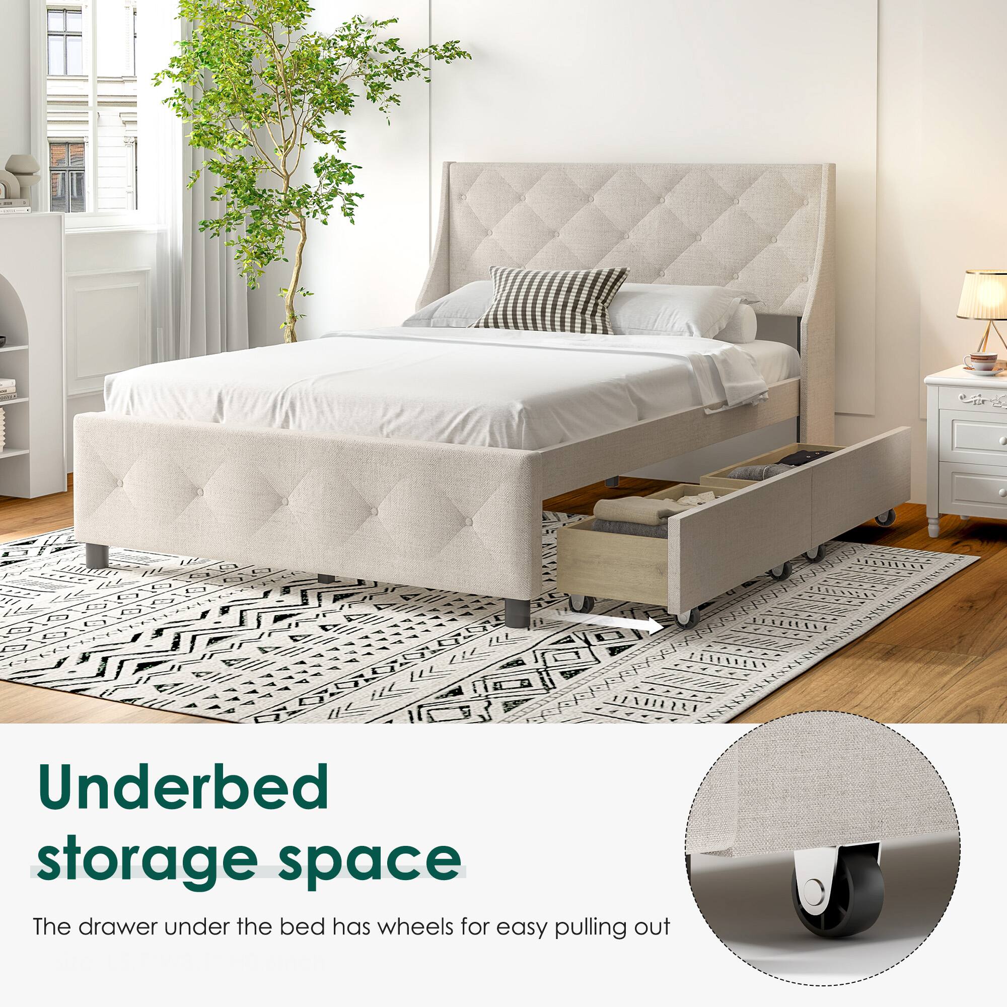 Underbed storage space

The drawer under the bed has wheels for easy pulling out.