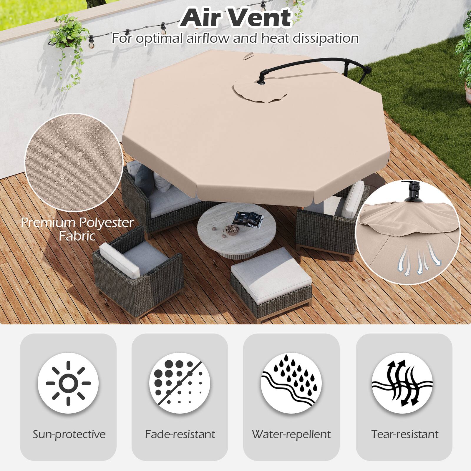 Air Vent  
For optimal airflow and heat dissipation  

Premium Polyester Fabric  

Sun-protective  
Fade-resistant  
Water-repellent  
Tear-resistant