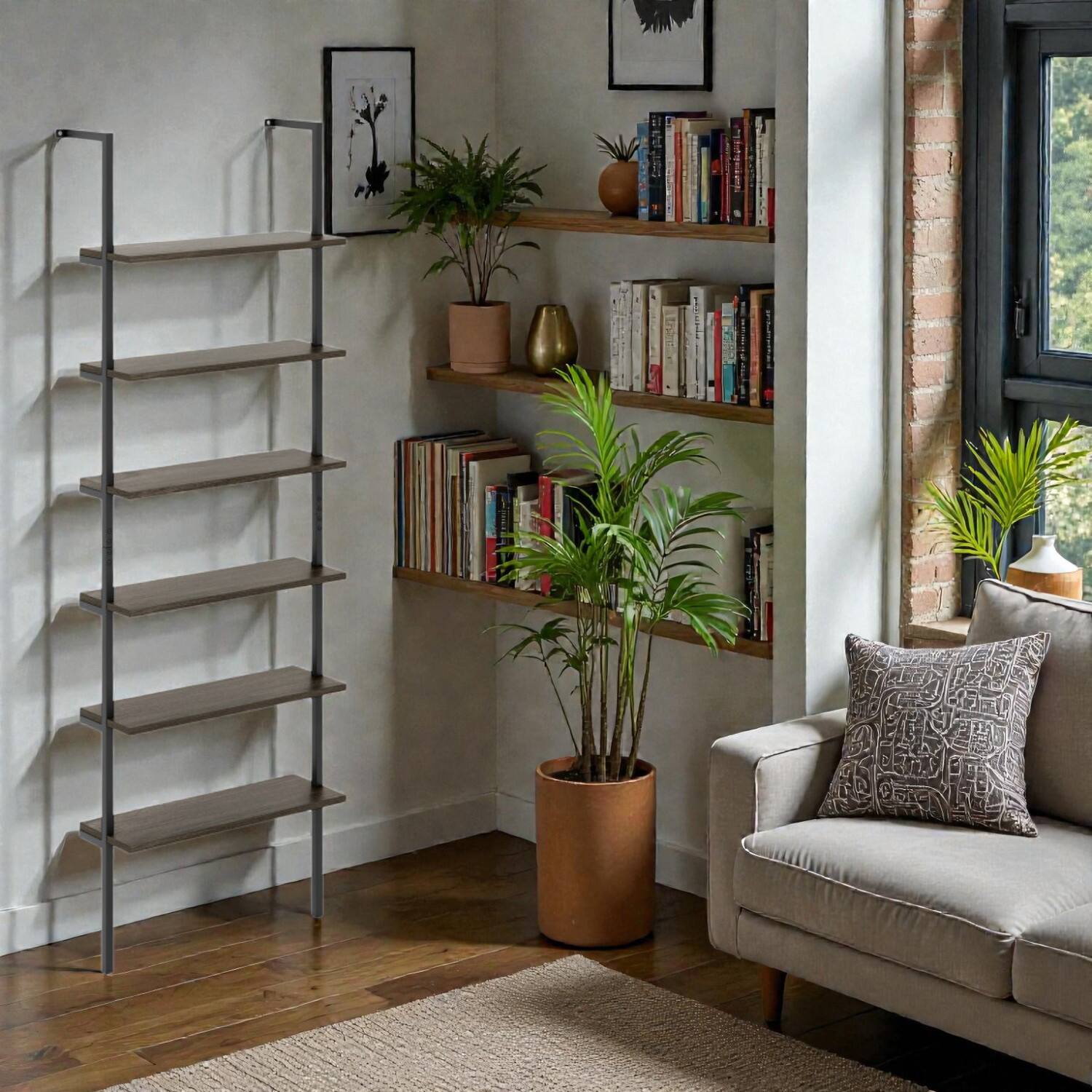 Front. Hivvago - Modern 6-Tier Wall-Mount Storage Shelf with Ladder Design - Gray.