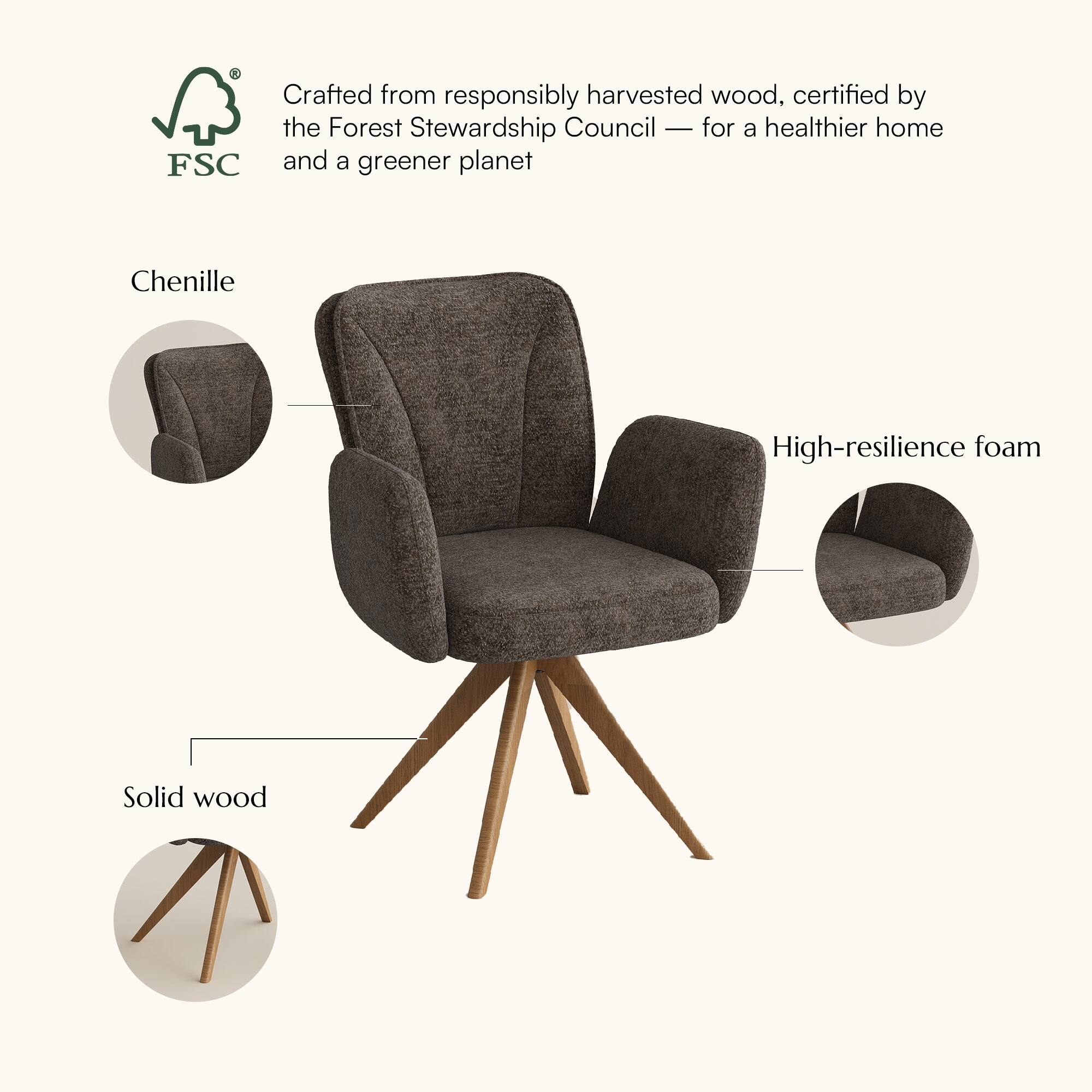 Crafted from responsibly harvested wood, certified by the Forest Stewardship Council — for a healthier home and a greener planet

Chenille

High-resilience foam

Solid wood
