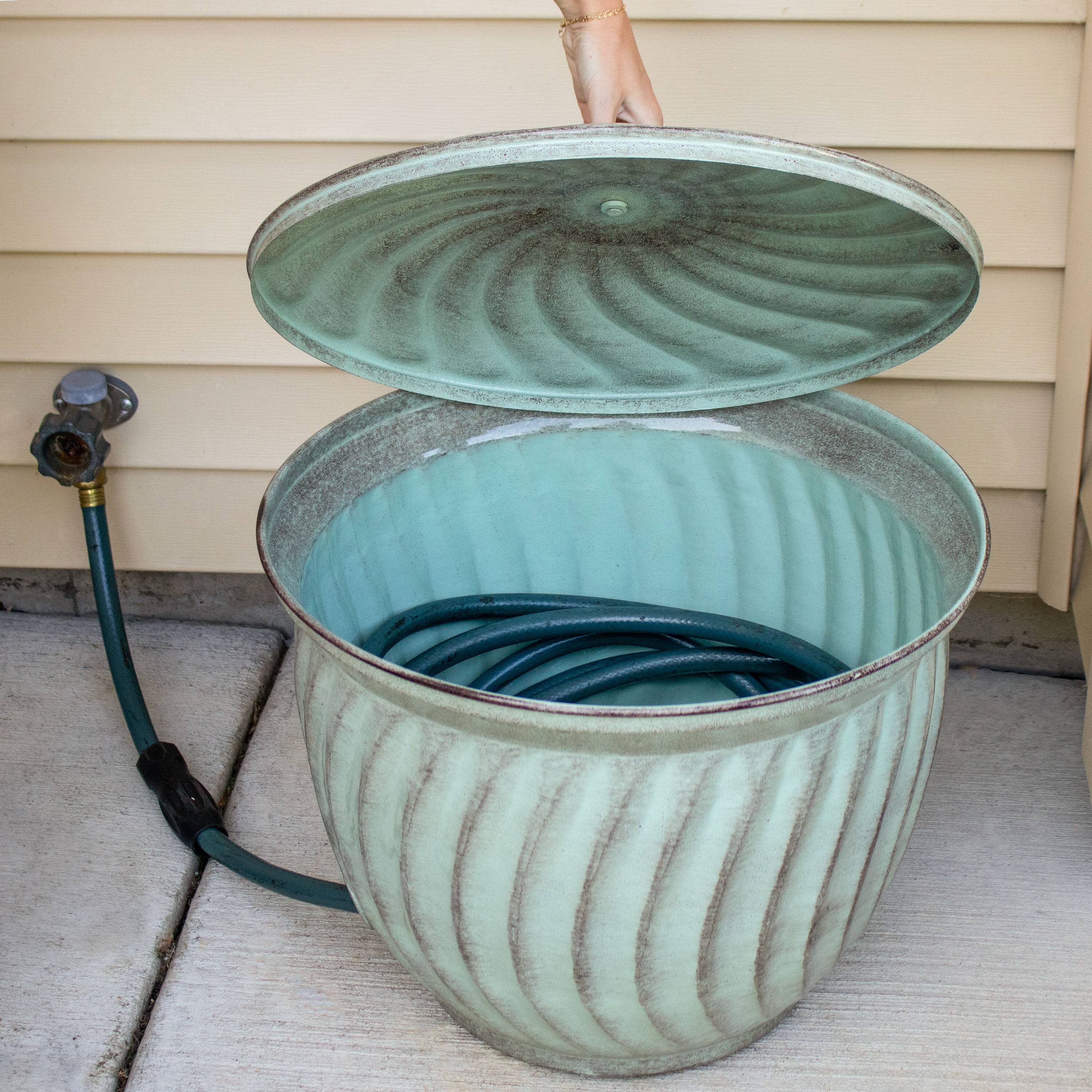 Alt View 4. Sunnydaze - Decorative Metal Garden Hose Holder - Sage Glaze.