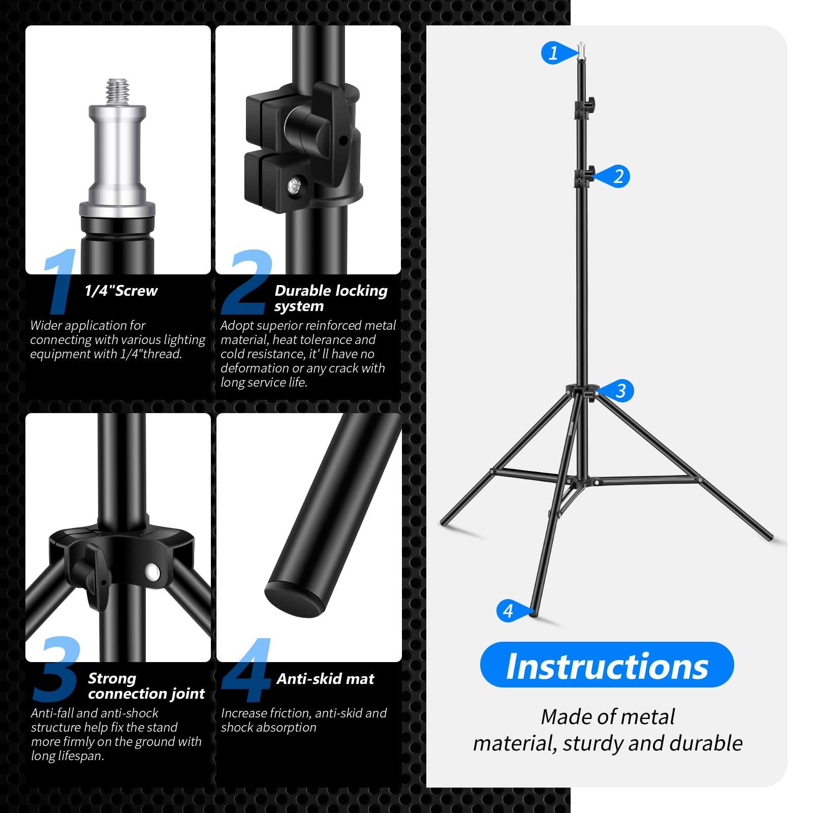 1. 1/4" Screw  
   - Wider application for connecting with various lighting equipment with 1/4" thread.

2. Durable locking system  
   - Adopt superior reinforced metal material, heat tolerance and cold resistance, it'll have no deformation or any crack with long service life.

3. Strong connection joint  
   - Anti-fall and anti-shock structure help fix the stand more firmly on the ground with long lifespan.

4. Anti-skid mat  
   - Increase friction, anti-skid and shock absorption.

Instructions  
- Made of metal material, sturdy and durable