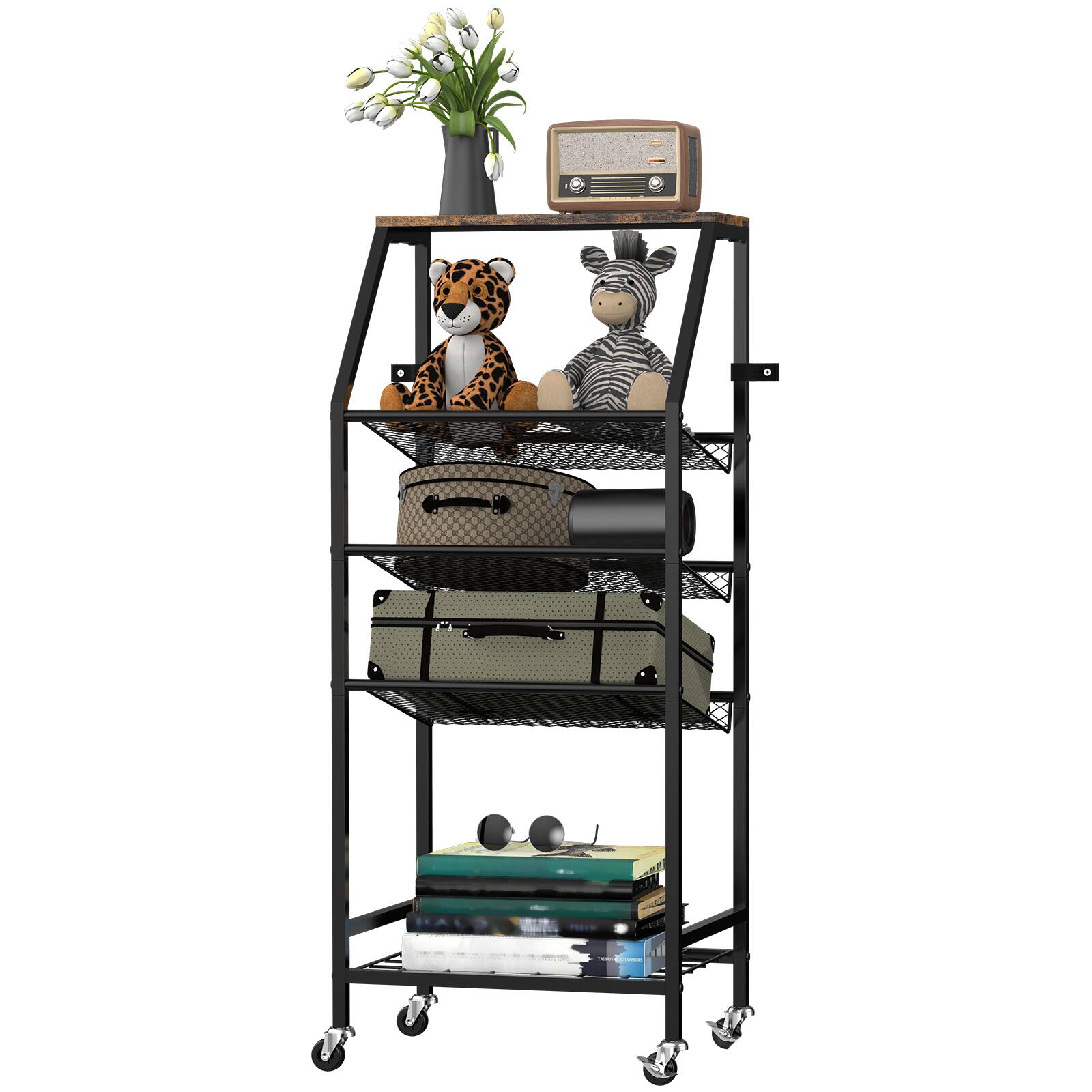 Alt View 1. Oumilen - 5-Tier Rolling Bathroom Storage Cart with Black Metal Frame and Wood Top, Brown - Brown.