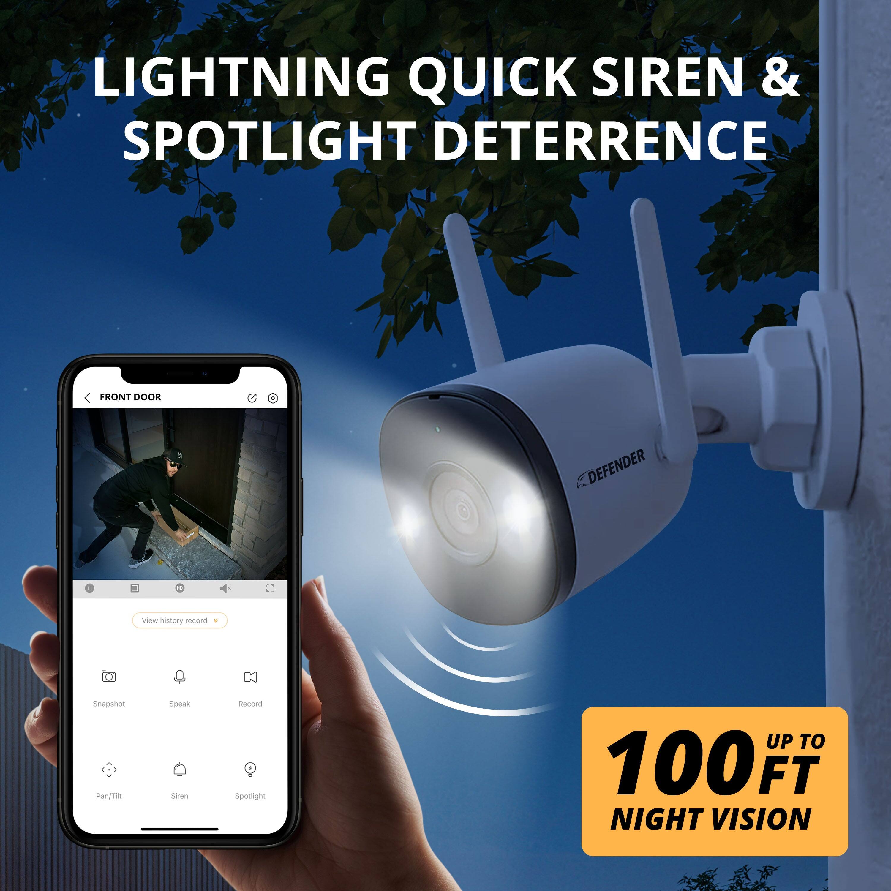 LIGHTNING QUICK SIREN & SPOTLIGHT DETERRENCE FRONT DOOR DEFENDER - View history record Snapshot PanTilt Spotlight UP TO 100 FT NIGHT VISION