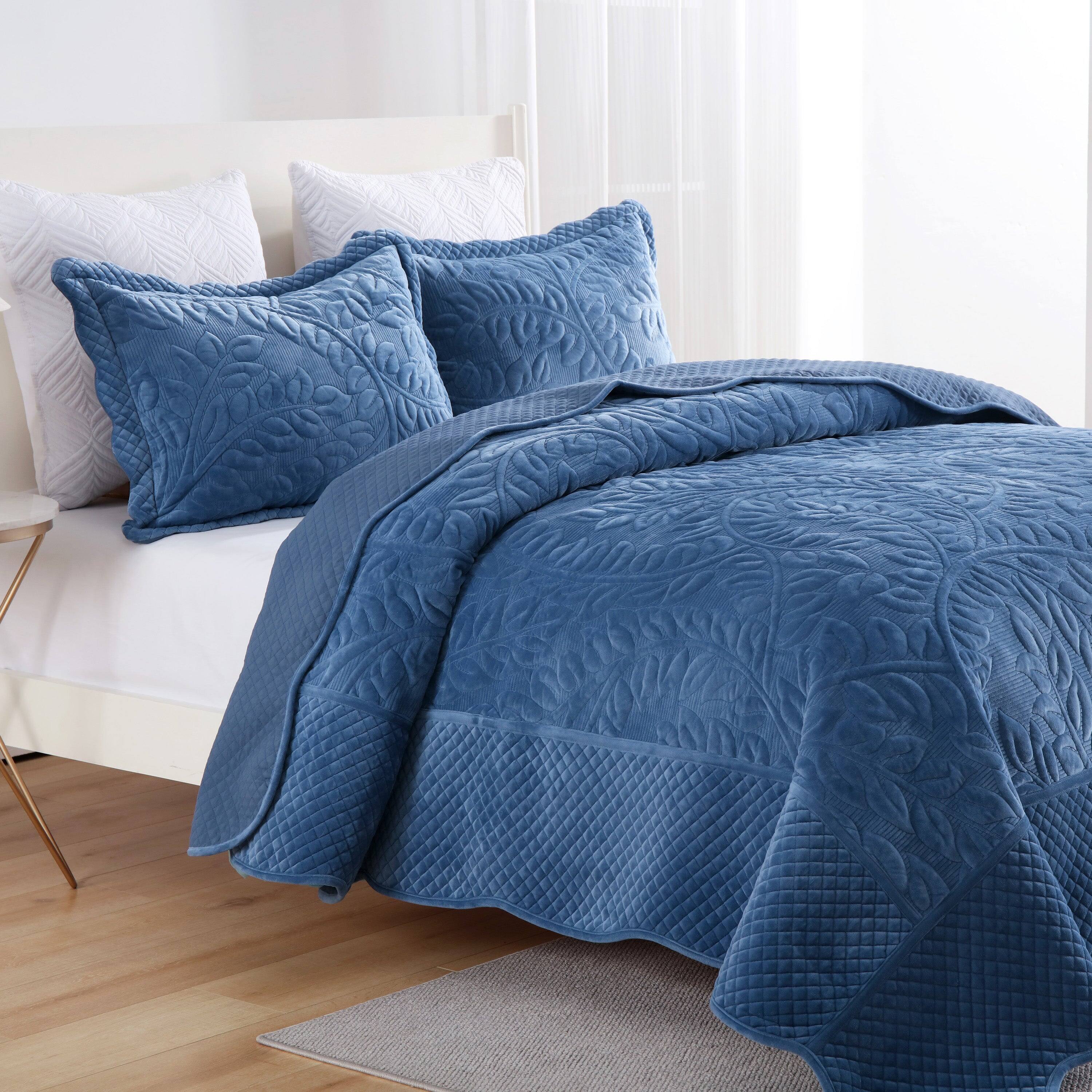 Angle. MarCielo - Marcielo 3Pc Luxury Velvet Oversized Embroidery Soft and Plush Quilt Set - Midtone Blue.