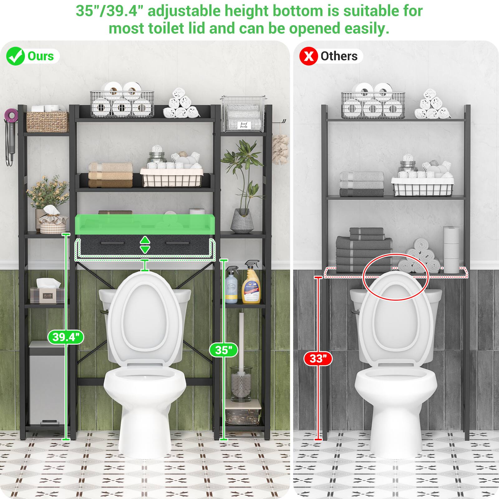 35"/39.4" adjustable height bottom is suitable for most toilet lid and can be opened easily.  
Ours: 39.4" 35"  
Others: 33"