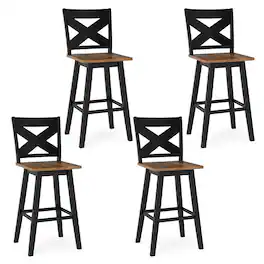 Gymax - 29'' Swivel Barstools Set of 4 w/Backrest Large Seat Footrest for Kitchen Island Walnut - Black