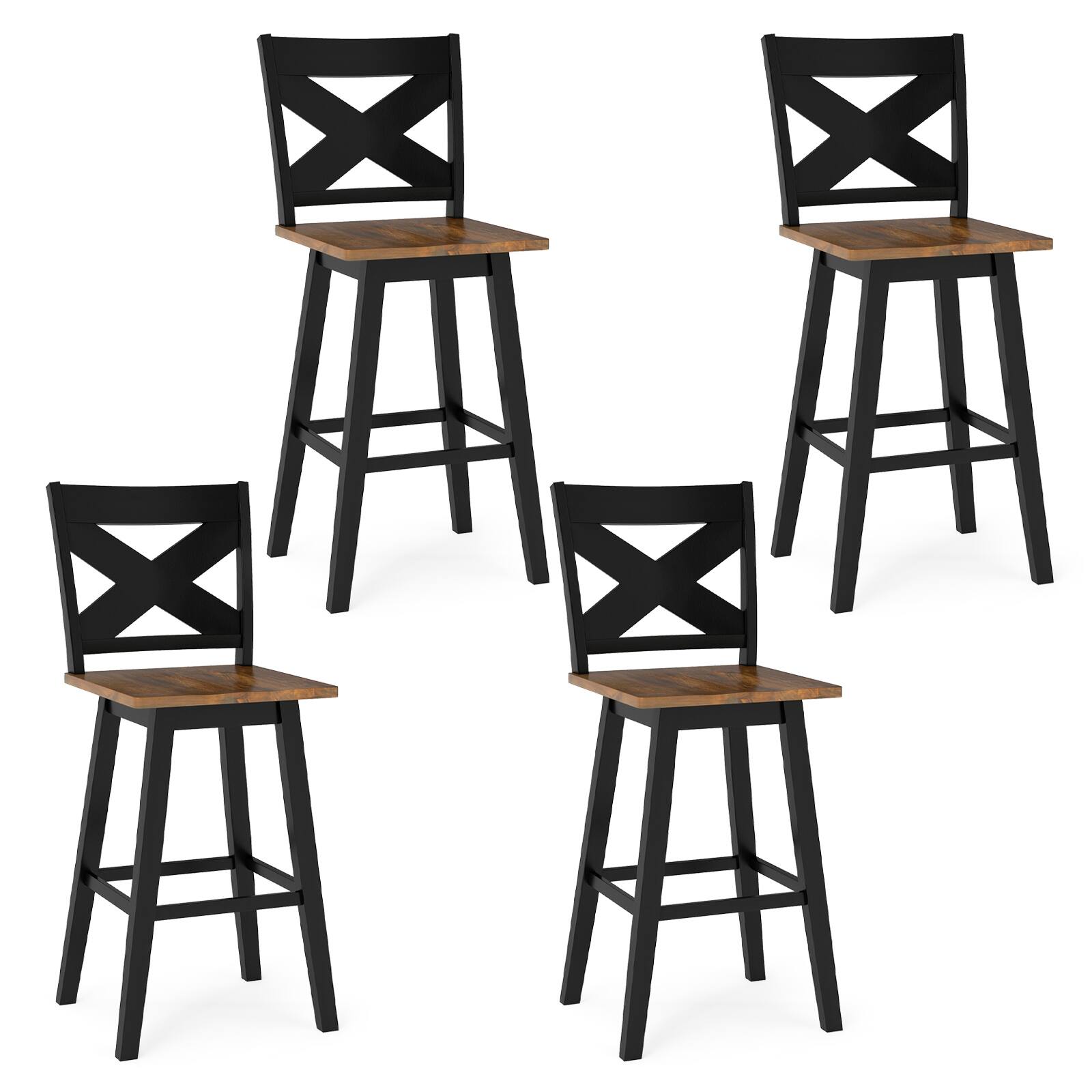 Front. Gymax - Gymax 29'' Swivel Barstools Set of 4 w/Backrest Large Seat Footrest for Kitchen Island Black & Walnut - Black.