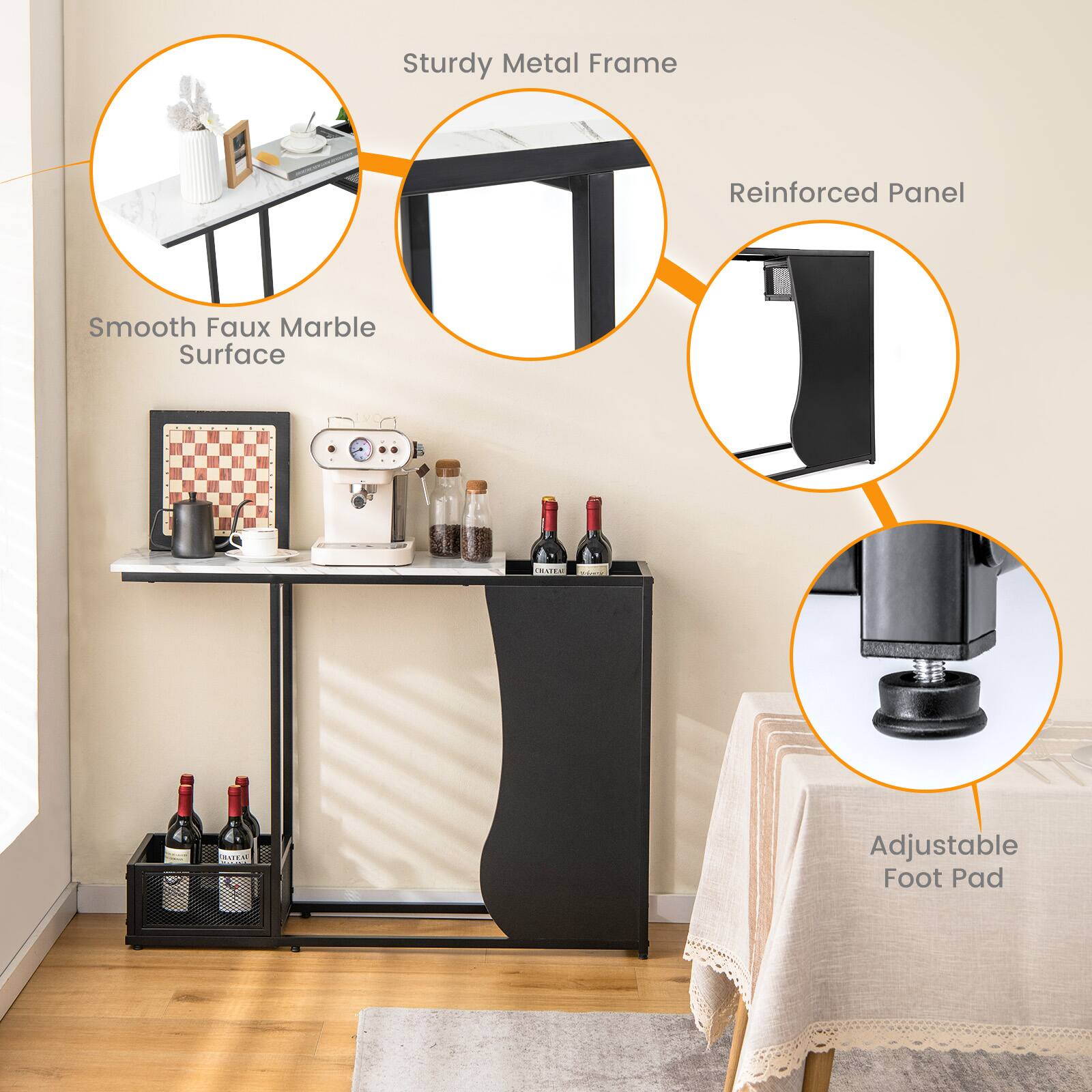 Sturdy Metal Frame, Reinforced Panel, Smooth Faux Marble Surface, Adjustable Foot Pad