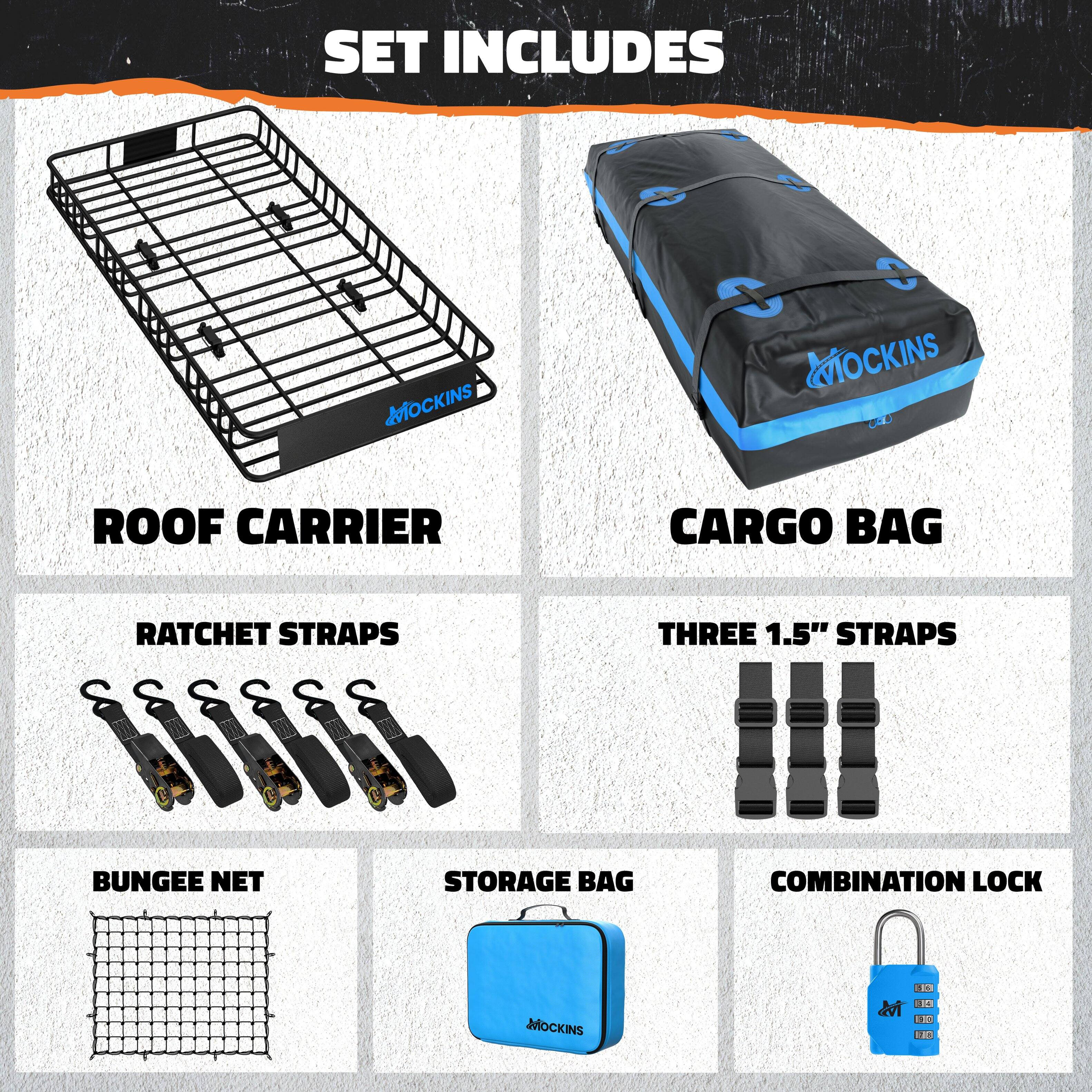 SET INCLUDES

1. ROOF CARRIER
2. CARGO BAG
3. RATCHET STRAPS
4. THREE 1.5" STRAPS
5. BUNGEE NET
6. STORAGE BAG
7. COMBINATION LOCK
