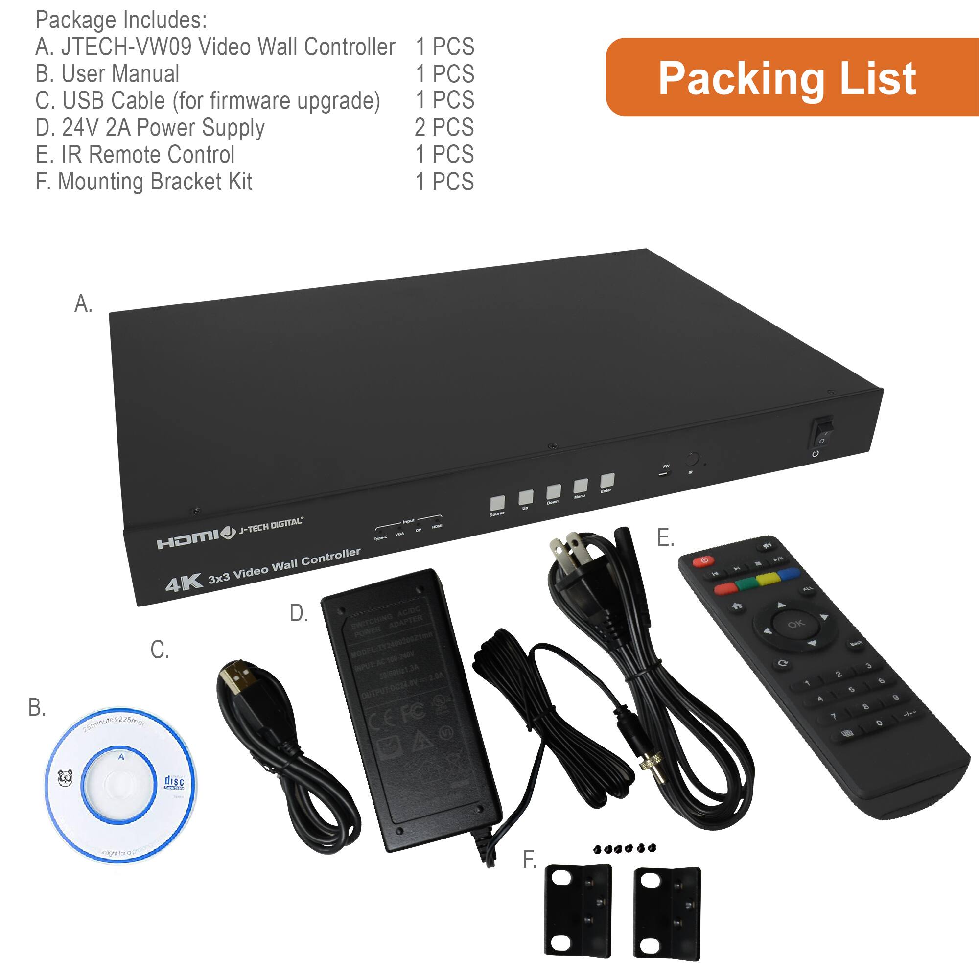 Package Includes:  
A. JTECH-VW09 Video Wall Controller 1 PCS  
B. User Manual 1 PCS  
C. USB Cable (for firmware upgrade) 1 PCS  
D. 24V 2A Power Supply 2 PCS  
E. IR Remote Control 1 PCS  
F. Mounting Bracket Kit 1 PCS  

Packing List  
A. JTECH DIGITAL HOMI 4K 3x3 Video Wall Controller  
B. User Manual  
C. USB Cable (for firmware upgrade)  
D. 24V 2A Power Supply  
E. IR Remote Control  
F. Mounting Bracket Kit