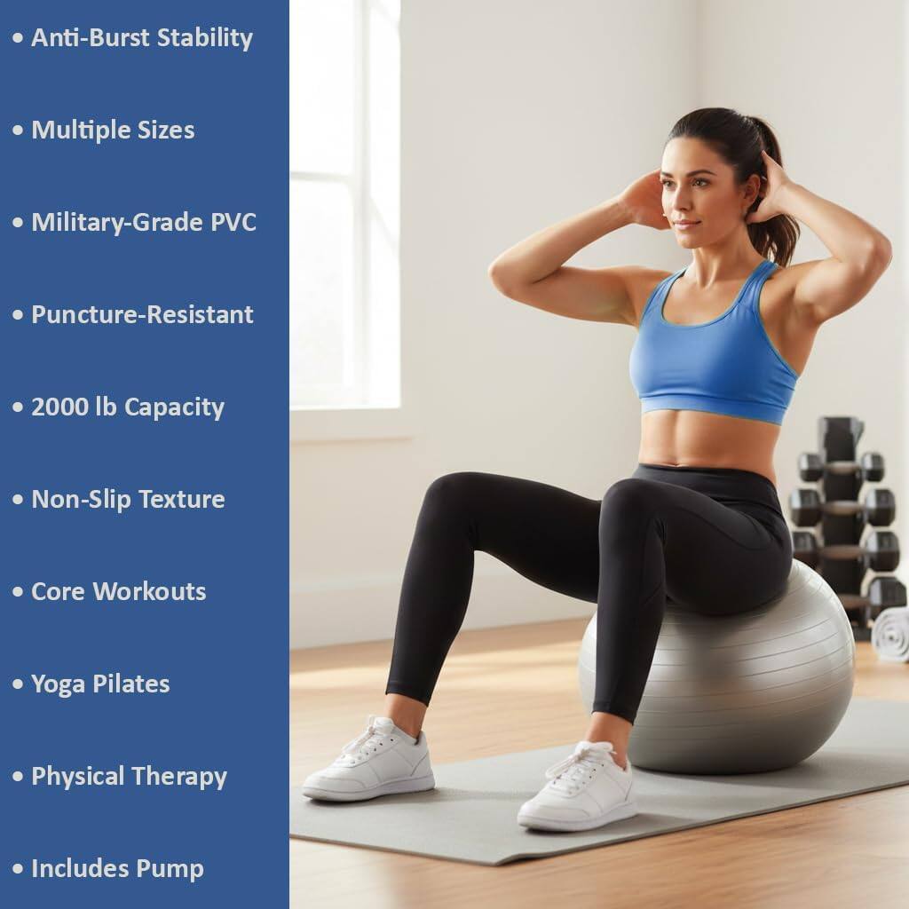 Anti-Burst Stability  
Multiple Sizes  
Military-Grade PVC  
Puncture-Resistant  
2000 lb Capacity  
Non-Slip Texture  
Core Workouts  
Yoga Pilates  
Physical Therapy  
Includes Pump