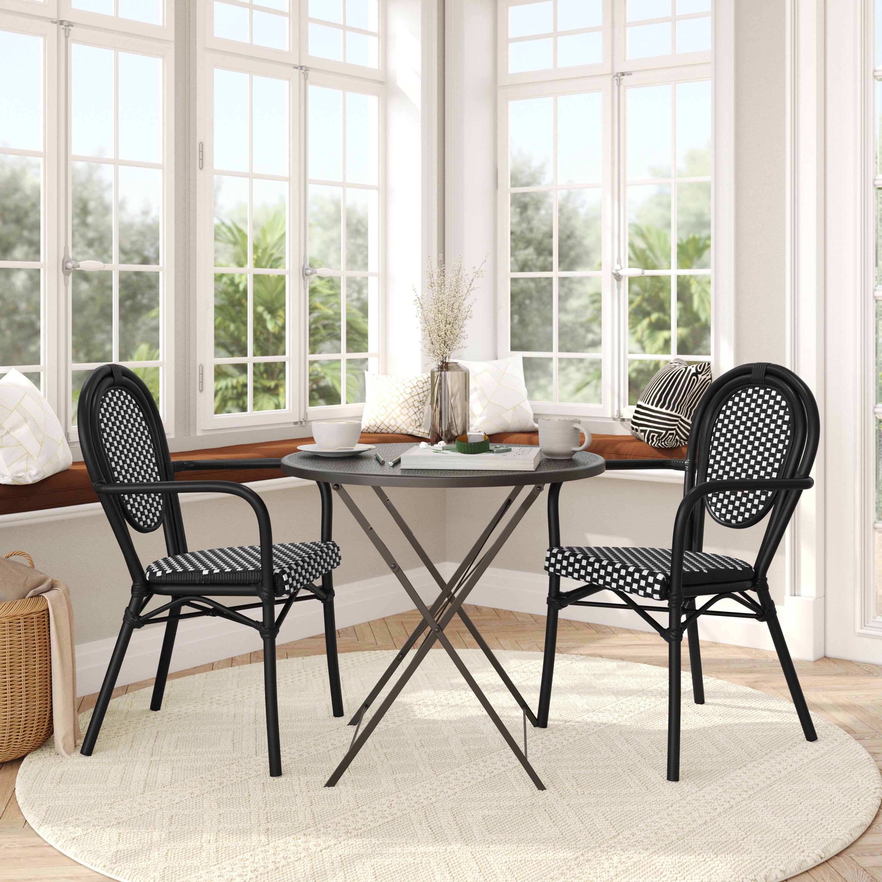 Alt View 2. Flash Furniture - 2 Pack Lourdes Indoor/Outdoor Commercial Thonet Bistro Stacking Chair with Arms, Black and White PE Rattan and Black Alu - Black.