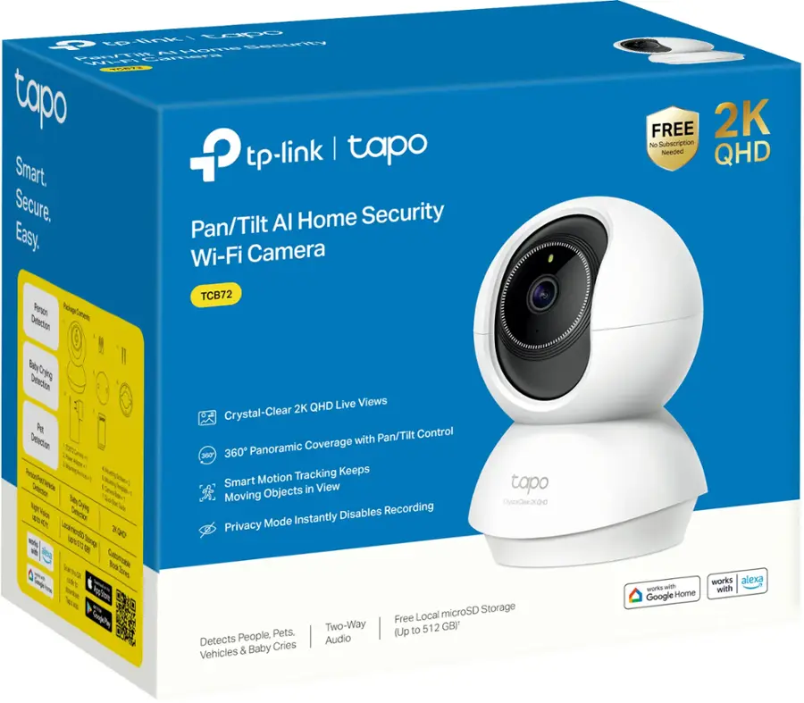 Tapo is a smart and secure home security system that includes a pan/tilt Wi-Fi camera. The camera offers crystal-clear 2K live views and features a 360-degree panoramic tracking function to keep an eye on the entire room. The device also includes a free 2K QHD subscription, making it easy to use and access.

The Tapo camera is equipped with smart motion detection technology that can detect people, pets, and vehicles. It also has a built-in microSD storage system, allowing for up to 512 GB of local storage. The camera can be controlled through a two-way audio system, which enables users to communicate with those inside the room. Additionally, the Tapo camera is compatible with Google Home and Alexa, providing users with even more control and convenience.