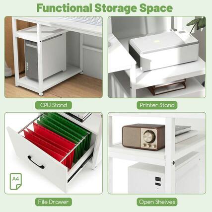 Functional Storage Space
- CPU Stand
- Printer Stand
- A4 File Drawer
- Open Shelves