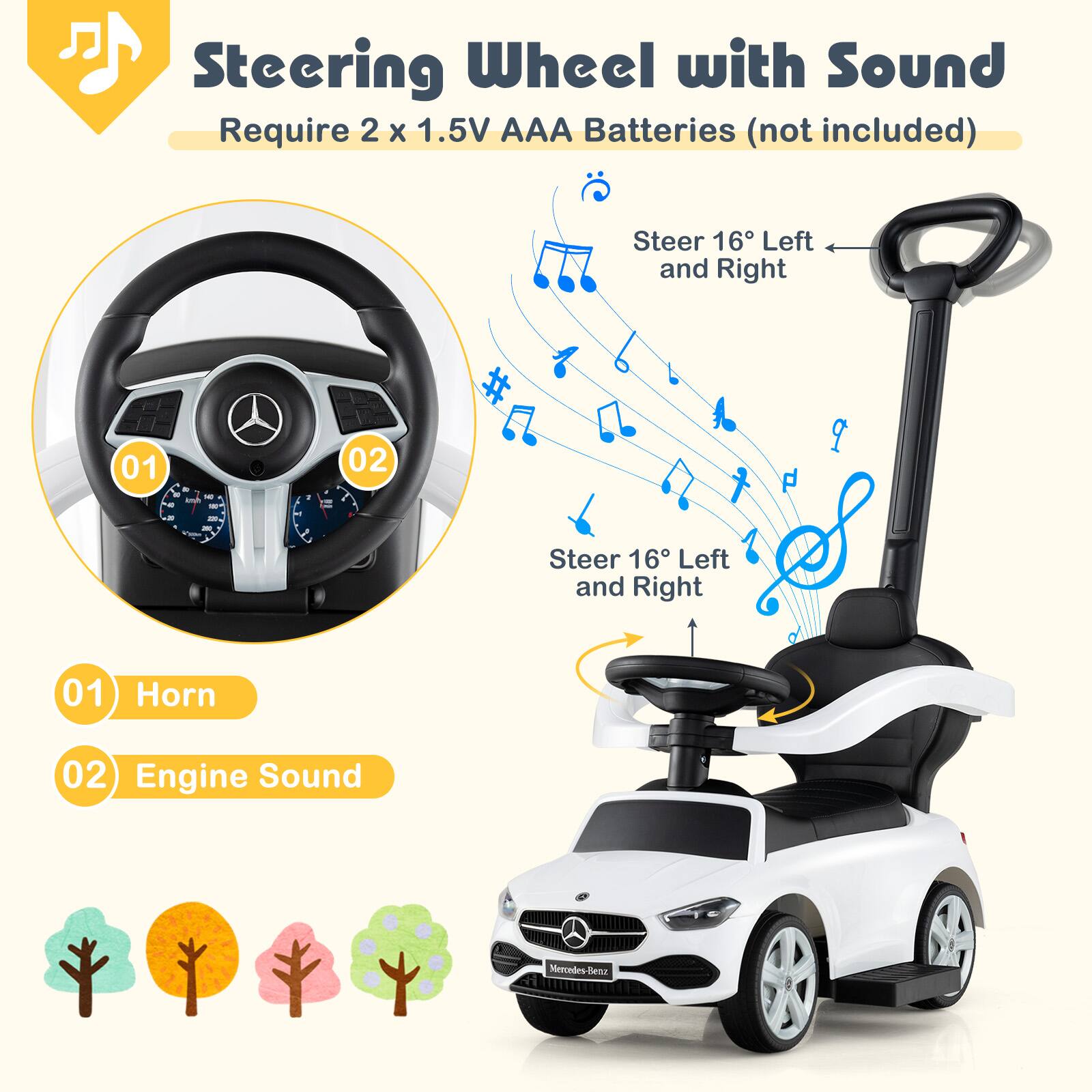 Steering Wheel with Sound  
Require 2 x 1.5V AAA Batteries (not included)  

Steer 16° Left and Right  

01 Horn  
02 Engine Sound  

Steer 16° Left and Right