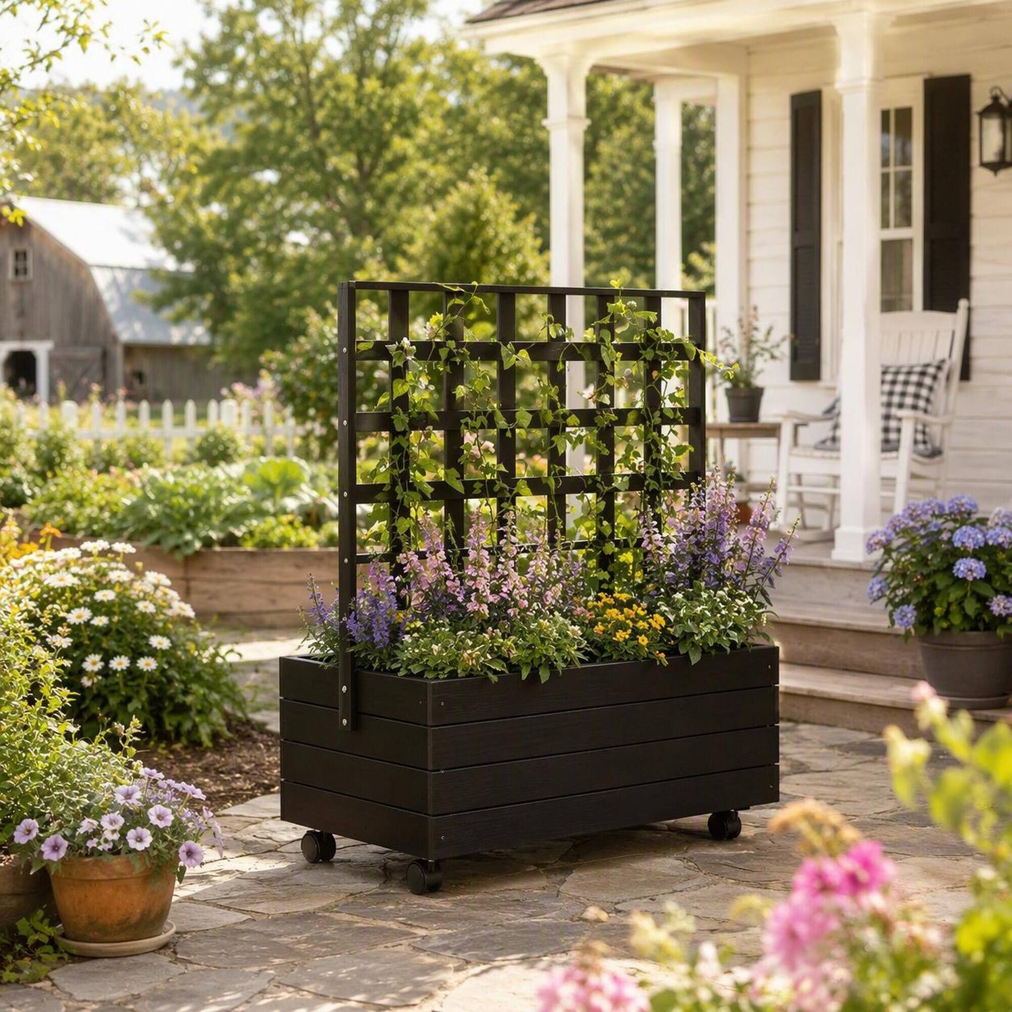Left. RYHNUYNE - Wooden Elevated Garden Bed with Trellis on Wheels for Patio, 34.6 x 18.9 x 41.3 Inch Fir Raised Planter Box - Black.