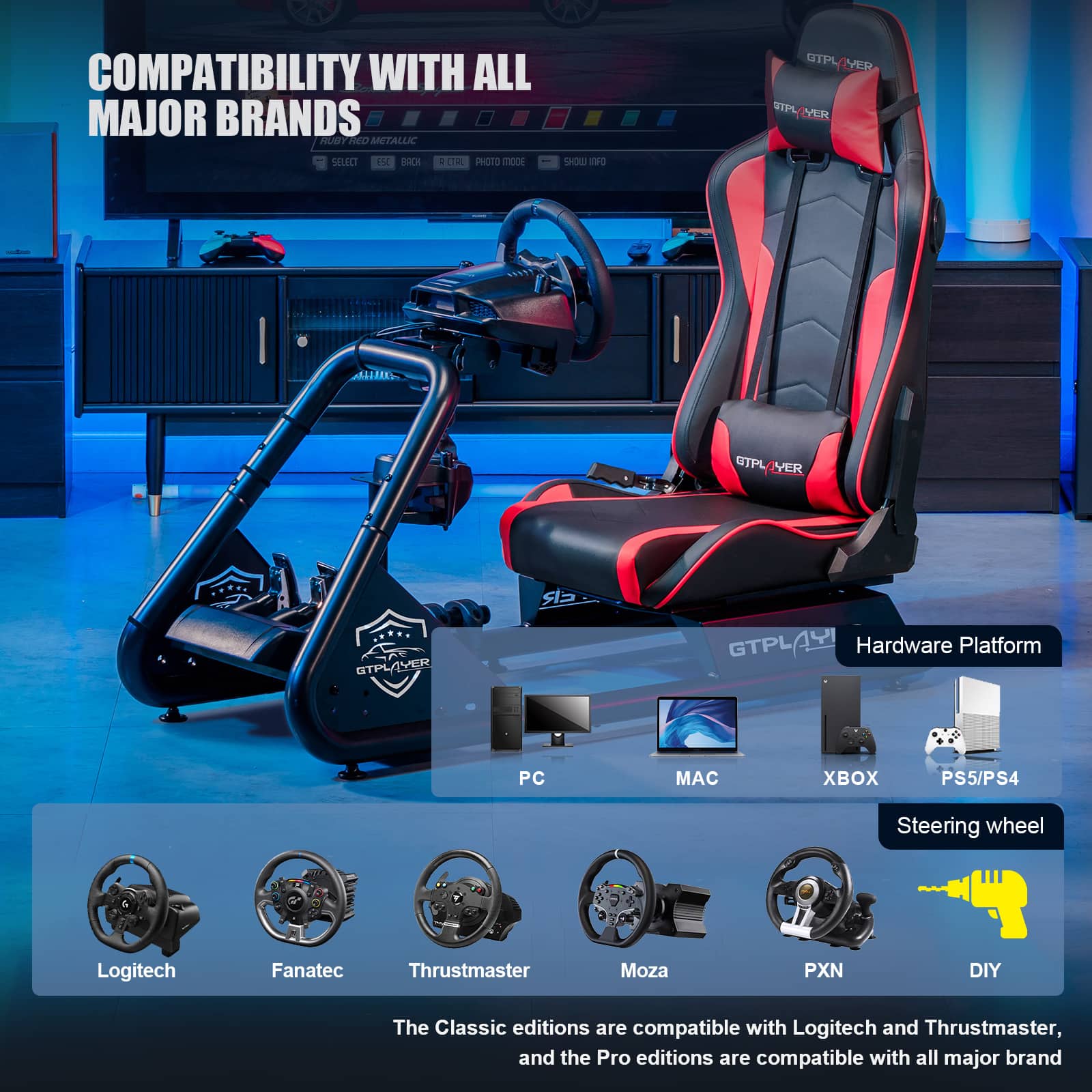 Compatibility with all major brands is ensured for the Logitech and Thrustmaster steering wheel, as well as the DIY steering wheel. The Classic editions are compatible with Logitech and Thrustmaster, while the Pro editions are compatible with all major brands.
