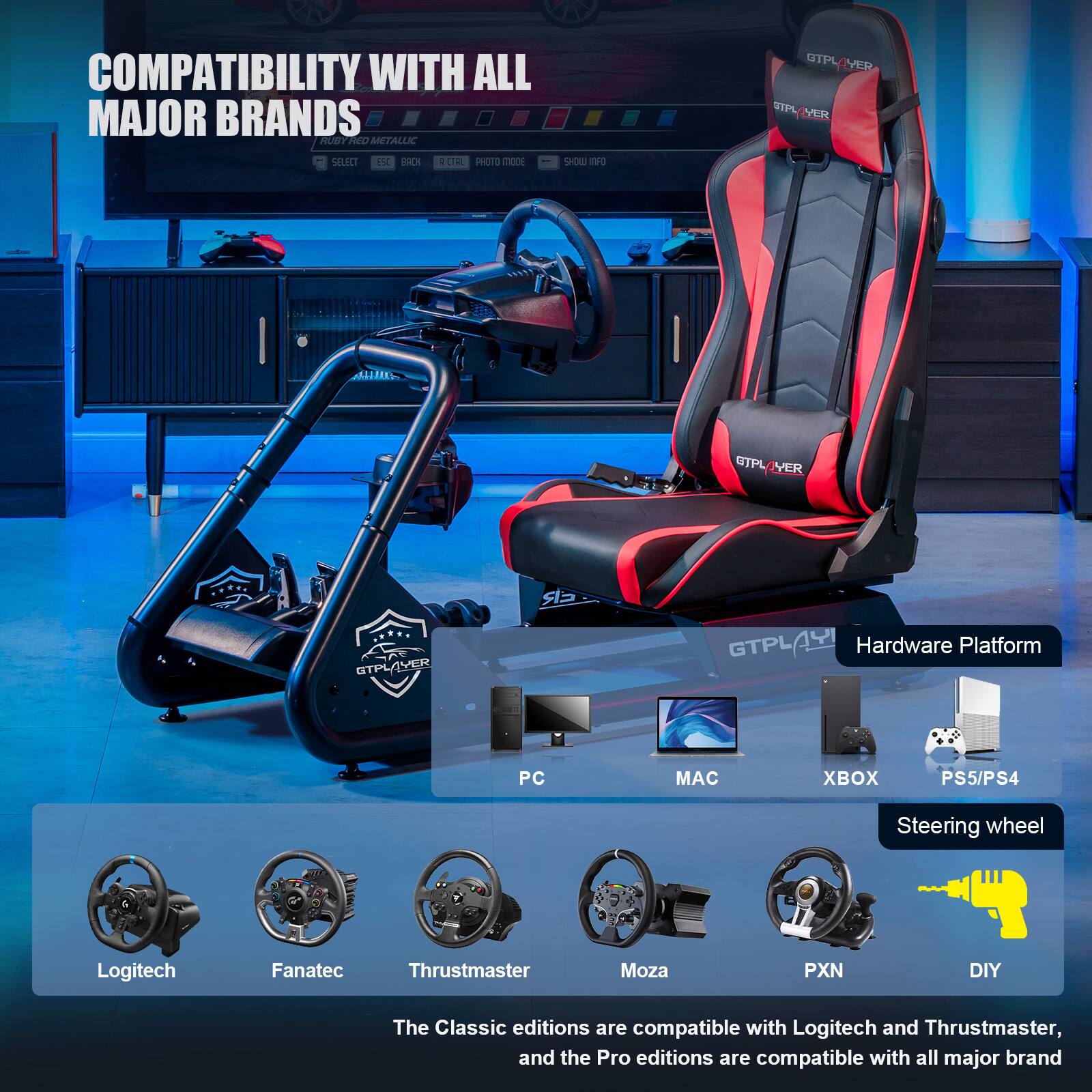 Compatibility with all major brands is ensured for the Logitech and Thrustmaster steering wheel, as well as the DIY steering wheel. The Classic editions are compatible with Logitech and Thrustmaster, while the Pro editions are compatible with all major brands.