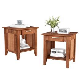 Gymax - 2PCS Boho Style Nightstand 3-Tier Sofa Side End Table w/ Drawer & Shelf - Walnut