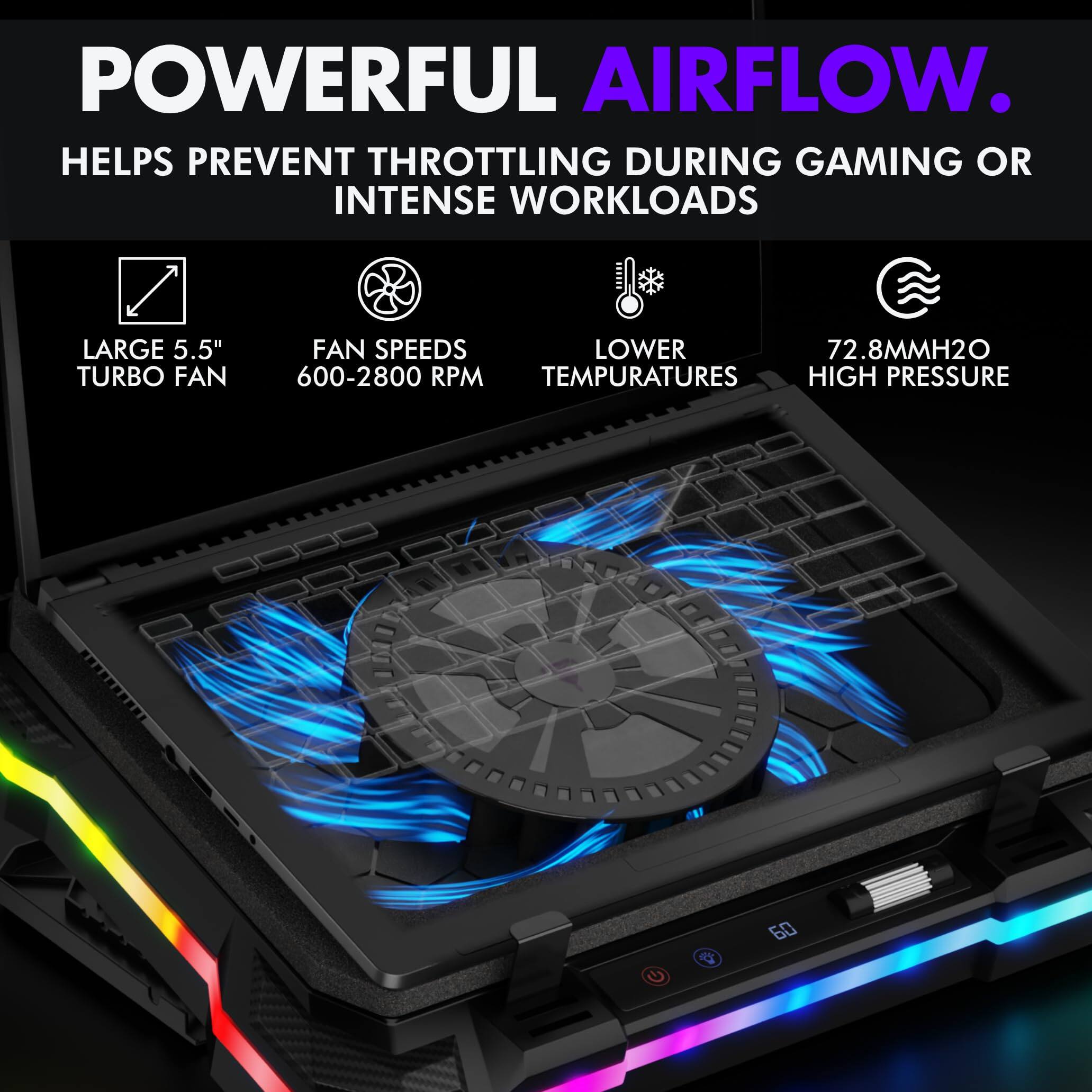 POWERFUL AIRFLOW.  
HELPS PREVENT THROTTLING DURING GAMING OR INTENSE WORKLOADS  

- LARGE 5.5" TURBO FAN  
- FAN SPEEDS 600-2800 RPM  
- LOWER TEMPERATURES  
- 72.8MMH2O HIGH PRESSURE