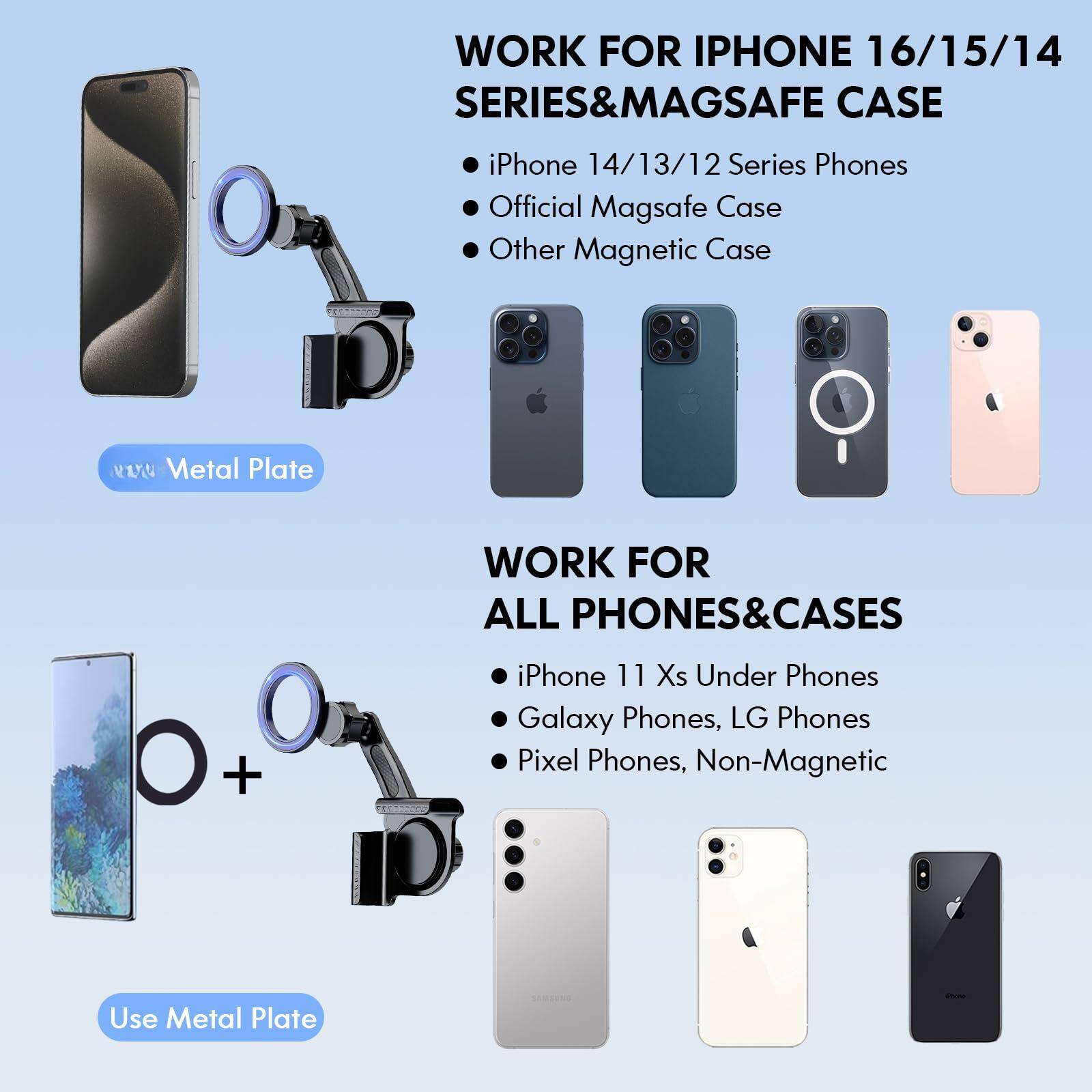 **WORK FOR IPHONE 16/15/14 SERIES & MAGSAFE CASE**

- iPhone 14/13/12 Series Phones
- Official MagSafe Case
- Other Magnetic Case

**WORK FOR ALL PHONES & CASES**

- iPhone 11 Xs Under Phones
- Galaxy Phones, LG Phones
- Pixel Phones, Non-Magnetic

**Metal Plate**

**Use Metal Plate**