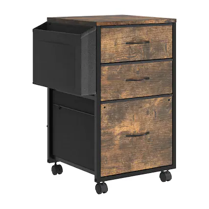 Front. Winado - Mobile Wood 3-Drawer Rolling Organizer File Cabinet with with 3 Fabric Drawers, Side Bag Under-Desk Storage for Office - Rustic Brown.