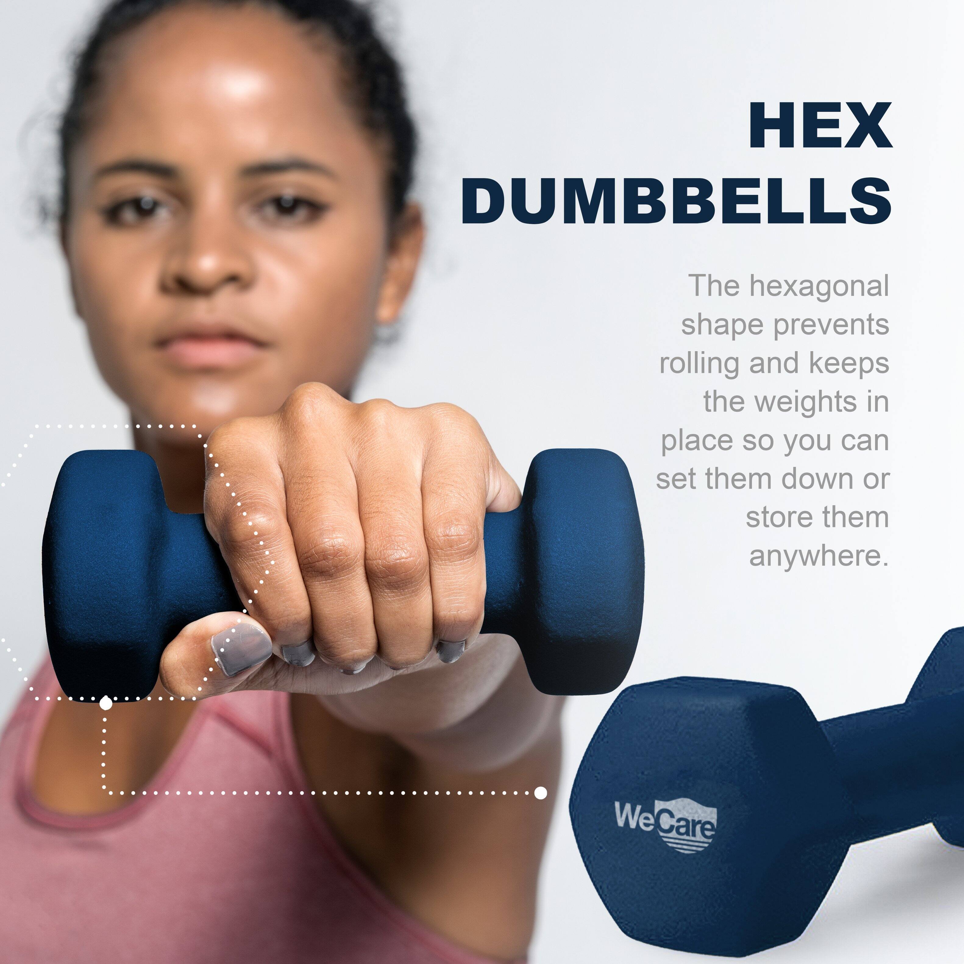 HEX DUMBBELLS The hexagonal shape prevents rolling and keeps the weights in place so you can set them down or store them anywhere. We Care