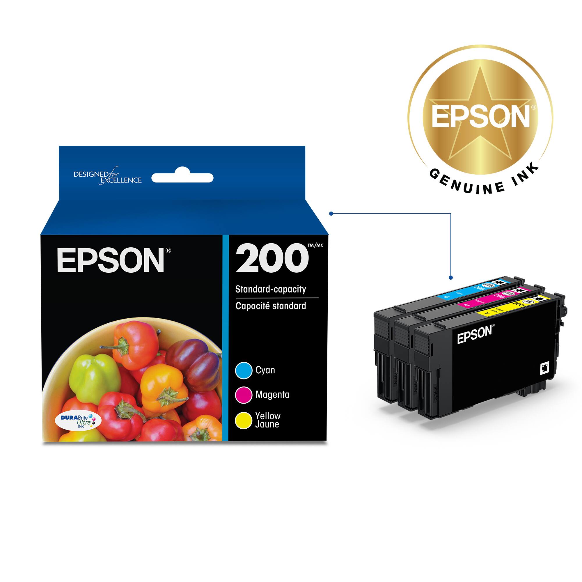 EPSON DESIGNED EXCELLENCE GENUINE INK EPSON EM 200 Standard-capacity Cartridges: Cyan, Magenta, Yellow.
